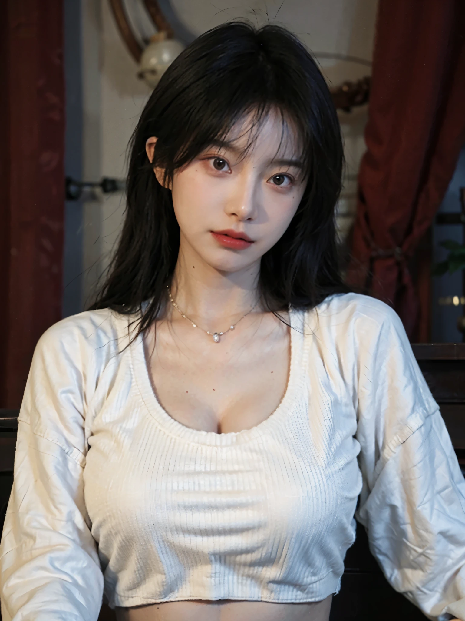 best quality, ultra high resolution, (realistically:1.4),Baoyu Girl,1 girl, Long curly hair,Looking into the distance,huge cleavage,Red cropped sweater,a sense of atmosphere,Beautiful woman with slim figure:1.4, abdominal muscles:1.4,,Super thin face,exquisite eyes,double eyelids,necklace