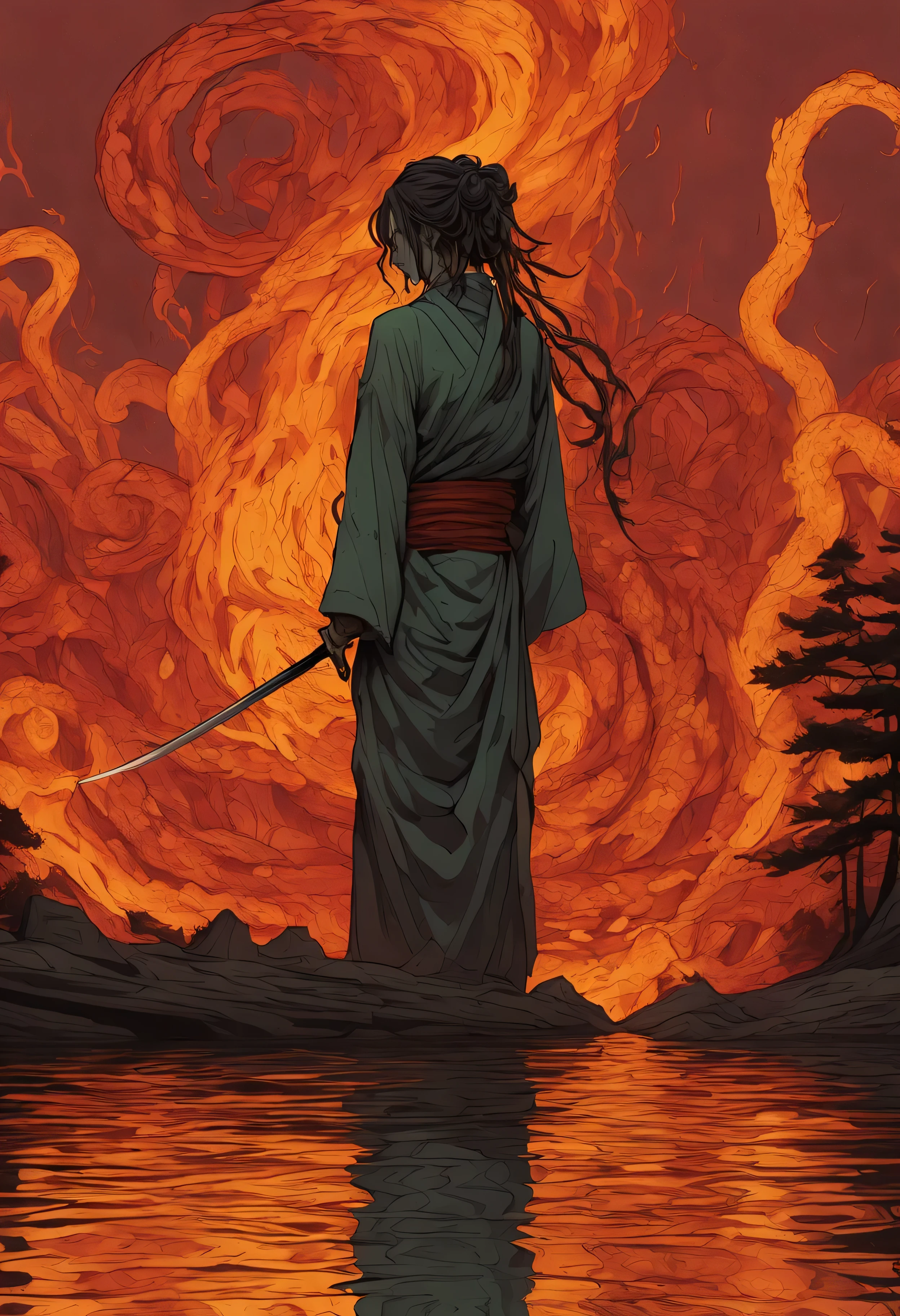 wordless, rotoscope hyperrealism animated cel hand painted rich color grading depth shading, splash page decompressed comic, ilustration, on fire red hot Samurai (grasping wielding chisa katana) (Takashi Okazaki blended Gonzo kk art style), samurai screaming, furious, glowing on fire blank eyes, fire emiting from eyes open mouth, sitting on edge of bridge, gloom, despair, rain, downpour, looking at water ripples from rain on water flowing below bridge, mastercraft nuance, subtle deft detail, seamless, cohesion, spirit photography, cursed, creepypasta, surreal, abstract, unknown, strange, odd, weird, intense, harsh, too real, subliminal candle cove aesthetics, unsettling, overwhelming dread, phobia, severe, subtle minimal roygbiv technicolor in the water reflection ripples shimmering like golden ratio ambrosia

