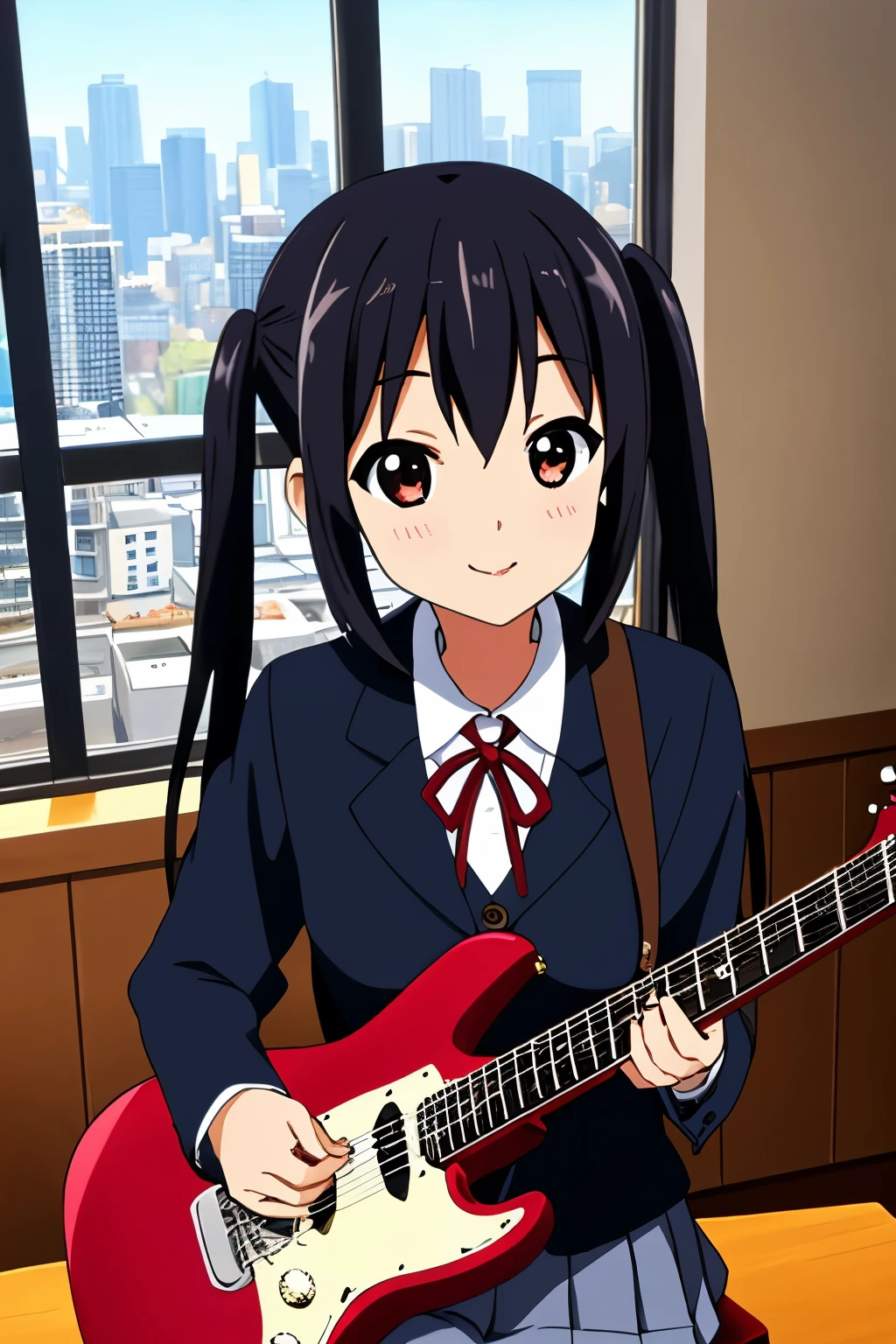 1 girl, (((masterpiece))), highest quality, highest quality, advanced details, nakano azusa, 1 girl, smile, Sakuragaoka High School Uniforms, school uniform, twin tails, hair length, black haired, brown eyes, alone, Reddish, red thin ribbon, dark blue blazer, white buttoned shirt, gray pleated skirt, comic strip, pleasant tone, calm colors, soft light like a movie, adobe light room, photo lab, HDR, complex and detailed, (Depth of written boundary), (masterpiece), (highest quality), (Super detailed), (enlightenment), (Take-out), small breasts, (Skyscraper), (cityscape), open your mouth, (up to the chest), 150cm, face down, (play red guitar:1.3), sit on a chair