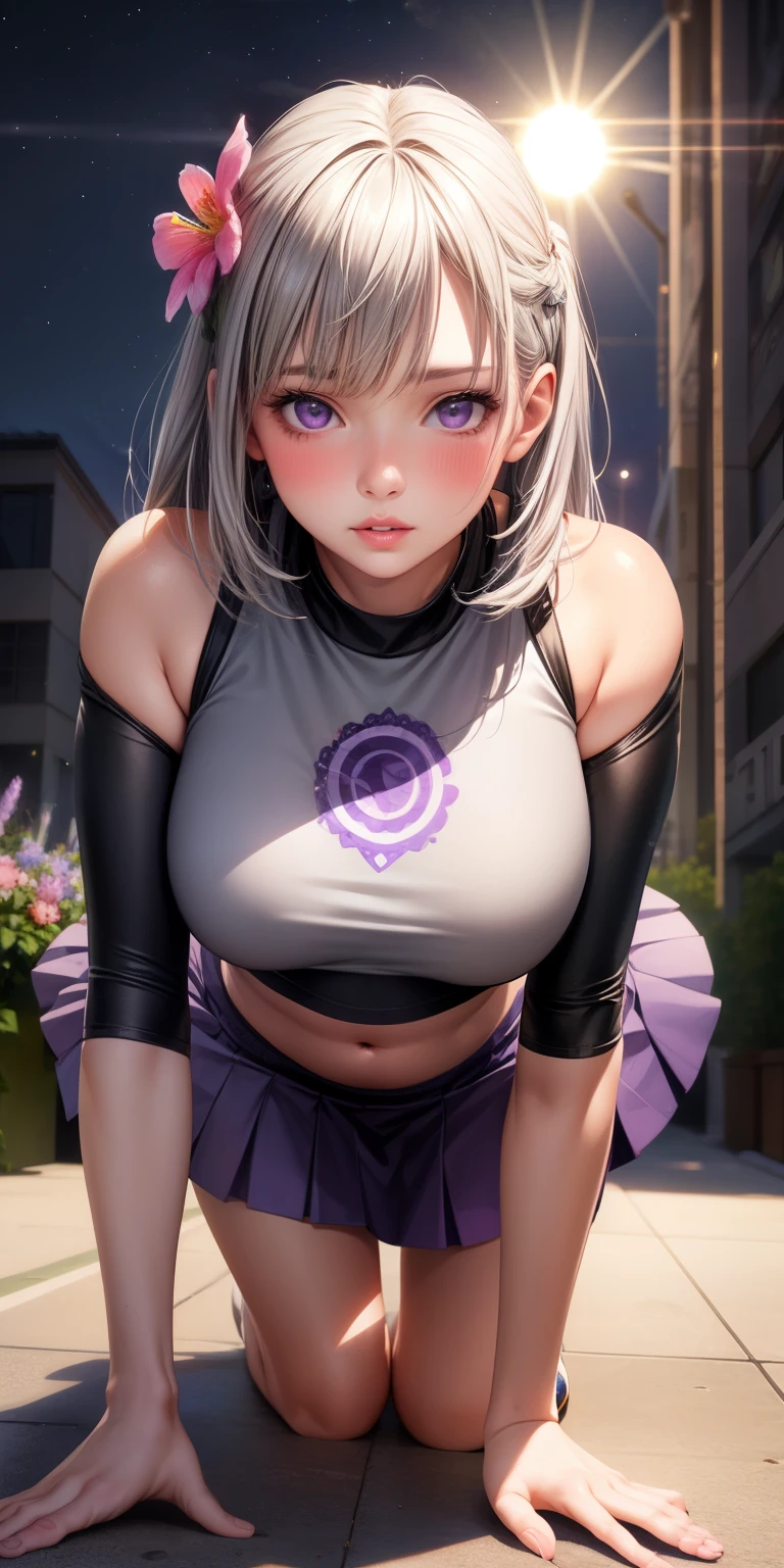 realistic, girl single, gray hair, purple eyes, glowing eyes, crop top, skirt, parted lips, blush, night, flower, sun, sunlight, all fours
