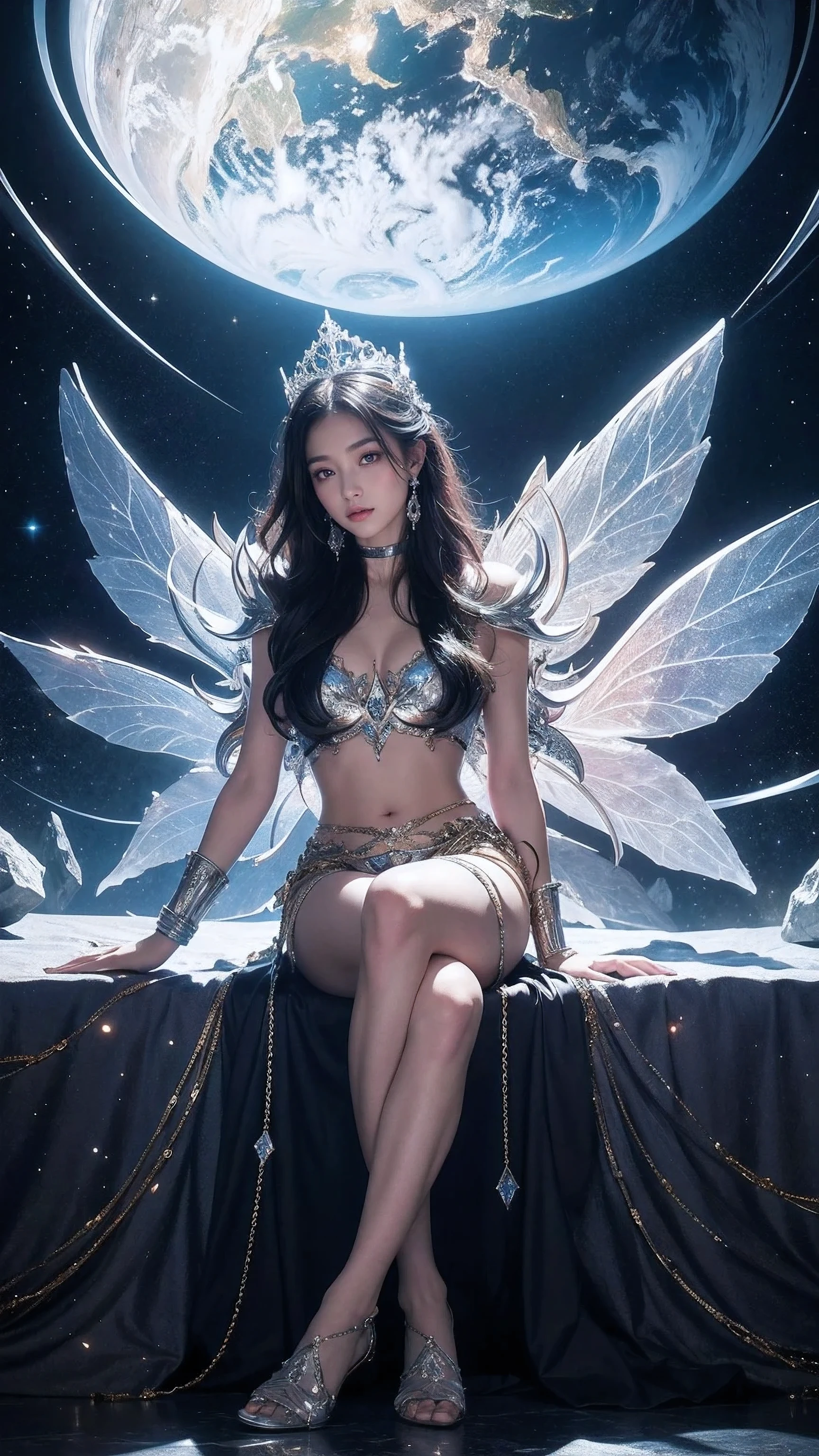 create image Ultra detailed digital art masterpiece, close face portrait, mysterious fairy white woman thai sitting on a crystal diamond throne,full body, thousand diamonds, impressive throne, marble reflection, Tom Bagshaw, Anne Bachelier, mixed with dark elements, dark environment, very dark night, clean dark velour fairy clothing, no make up, natural face, nose piercing, abstract, big shiny eyes, ultra detailed atmospheric details, beautiful glowing effects, sparkle effects, realistic body proportions, beautiful face proportions, complex masterpiece, wild hair style, creative glowing detailed tattoos, complex physics, enhanced colors, complimentary colors, ultra detailed raytracing reflections, Ultra detailed complex background, environment feels alive, direct eye contact, by BoneAge