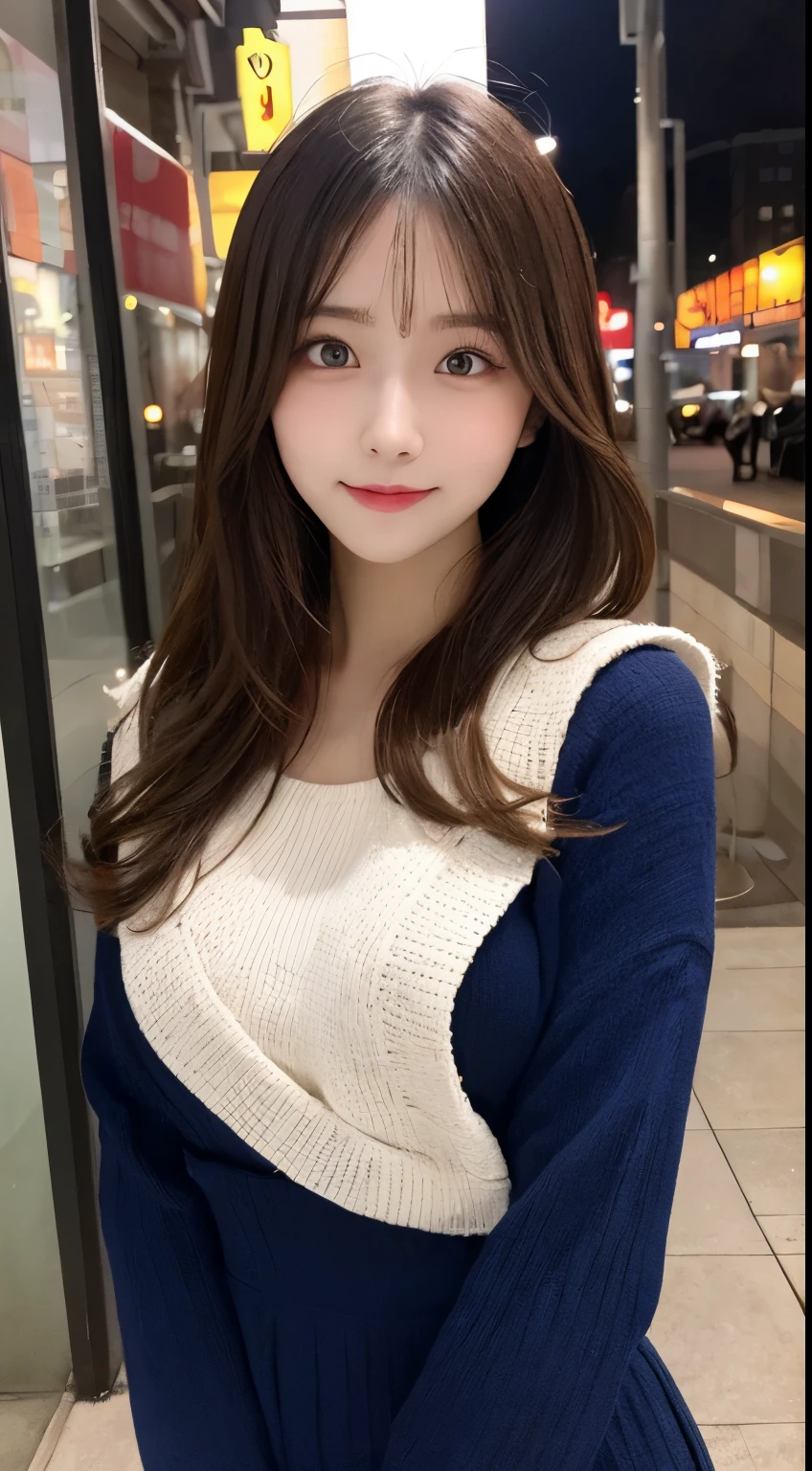 table top, highest quality, figure, super detailed, finely, High resolution, 8k wallpaper, 完璧なダイナミックな構figure, detailed and beautiful eyes, winter dress,medium hair, small breasts, natural color lip, random sexy poses,smile,big city、20 year old girl、midnight、beautiful and detailed face、perfect and beautiful face,Big eyes