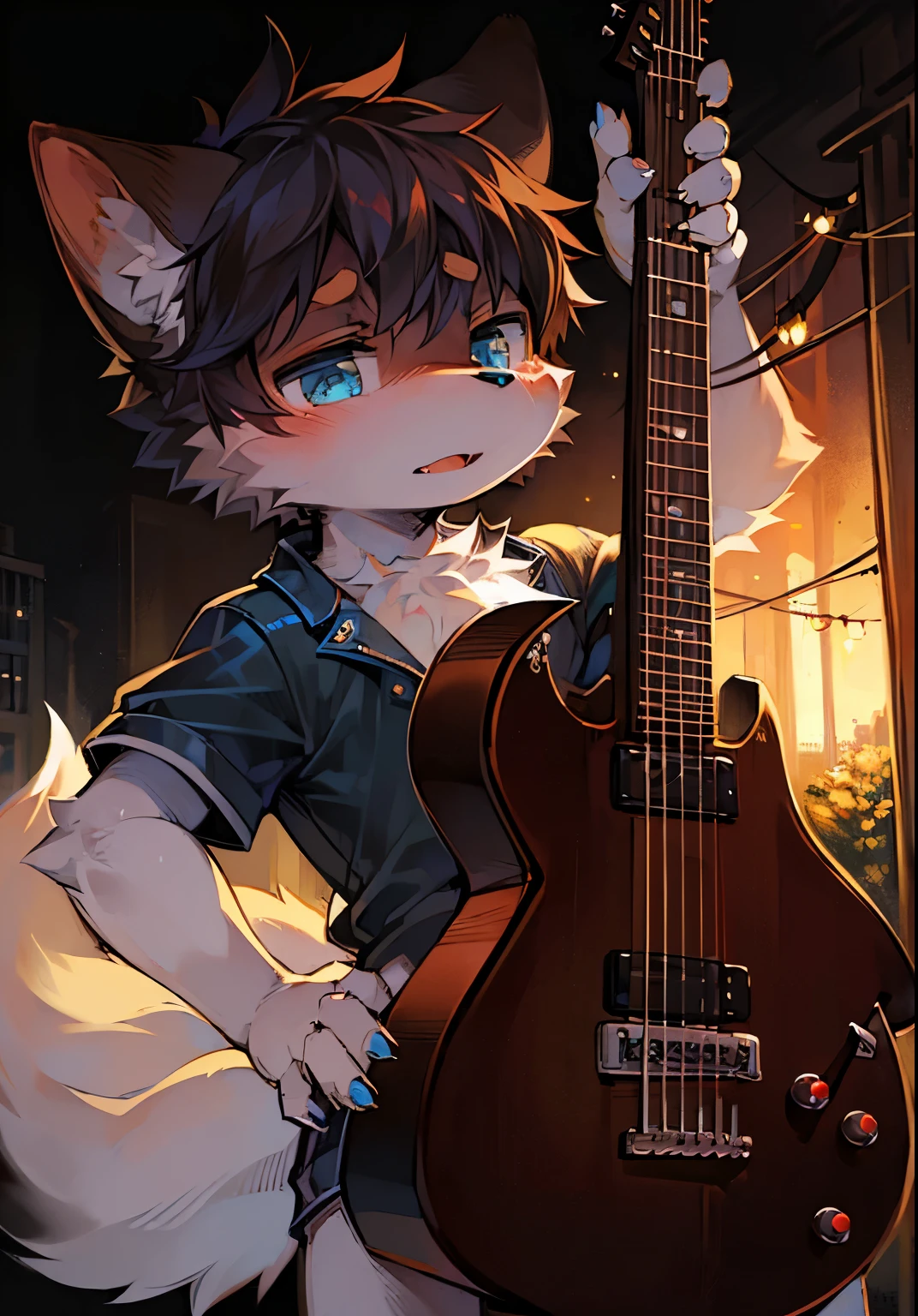 (dark environment:0.8),masterpiece, high quality, absurd res, digital painting \(artwork\), by dagasi,(anthro,fluffy fur,character focus:1.1),anthro male dog,short hair,portrait, bright eyes,panorama,character focus.(detailed background:0.7),solo,furry,furry male ,male focus,anthr,(Full body fur, fluffy tail, yellow and white fur,blue eyes),ibanez electric guitar