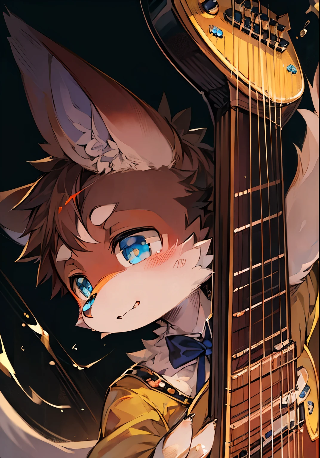(dark environment:0.8),masterpiece, high quality, absurd res, digital painting \(artwork\), by dagasi,(anthro,fluffy fur,character focus:1.1),anthro male dog，short hair,portrait, bright eyes,panorama,character focus.(detailed background:0.7),solo,furry,furry male ,male focus,anthr,(Full body fur, fluffy tail, yellow and white fur,blue eyes)，ibanez electric guitar