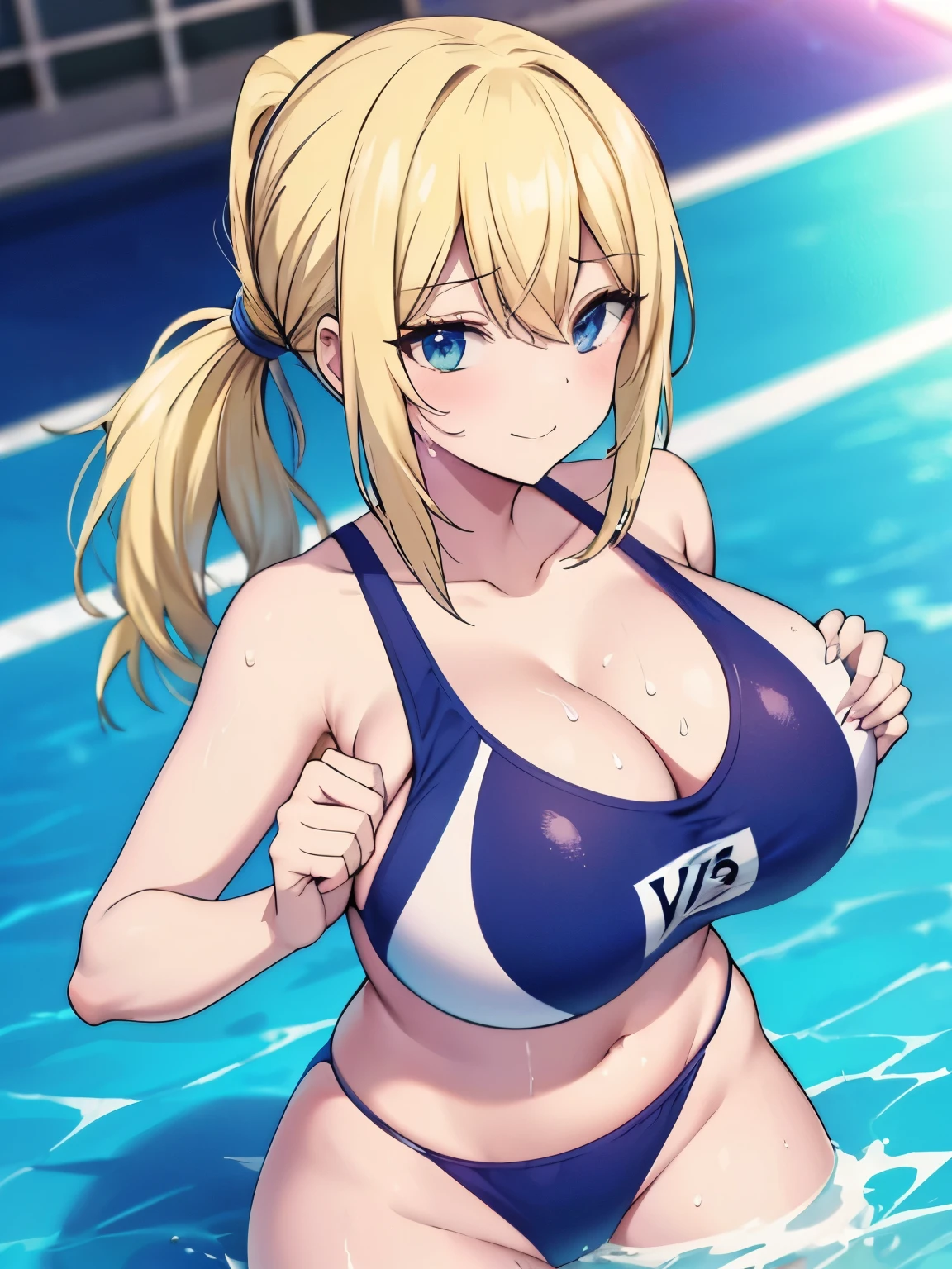 {{{masterpiece}}}, {{{highest quality}}}, {{super detailed}}, {figure},(highest quality:1.3), One blonde hair girl with ponytail paizuri, throw, 1 boy, penis between breasts, breasts squeeze together, wet penis, one-piece swimsuit, poolside, sweaty, big breasts, moving line, naughty smile, belly button, play sports often,Secretion of milk,milk,get wet,full of sweat,
