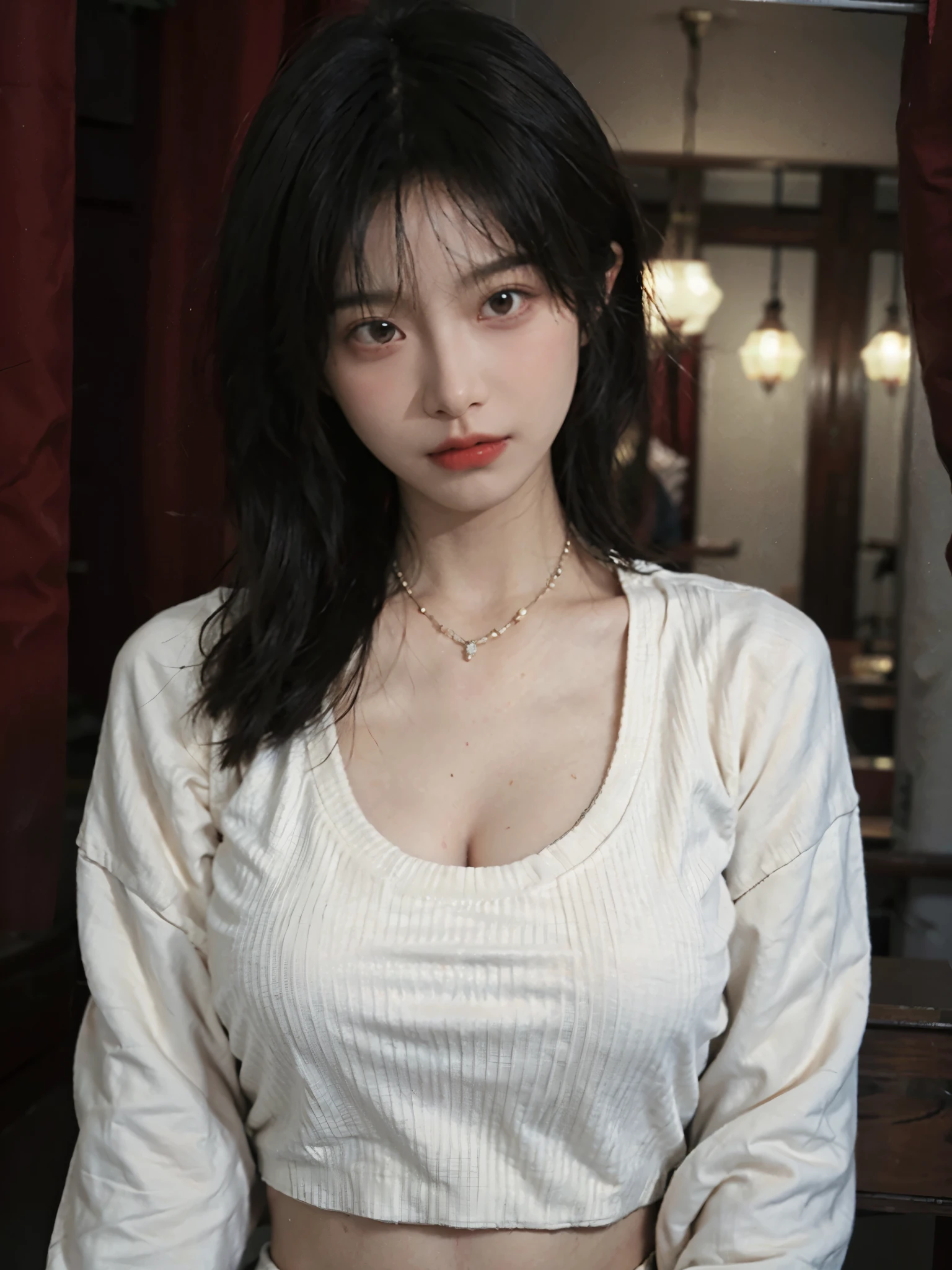 best quality, ultra high resolution, (realistically:1.4),Baoyu Girl,2 girls, Long curly hair,Looking into the distance,huge cleavage,Red cropped sweater,a sense of atmosphere,Beautiful woman with slim figure:1.4, abdominal muscles:1.4,,Super thin face,exquisite eyes,double eyelids,necklace