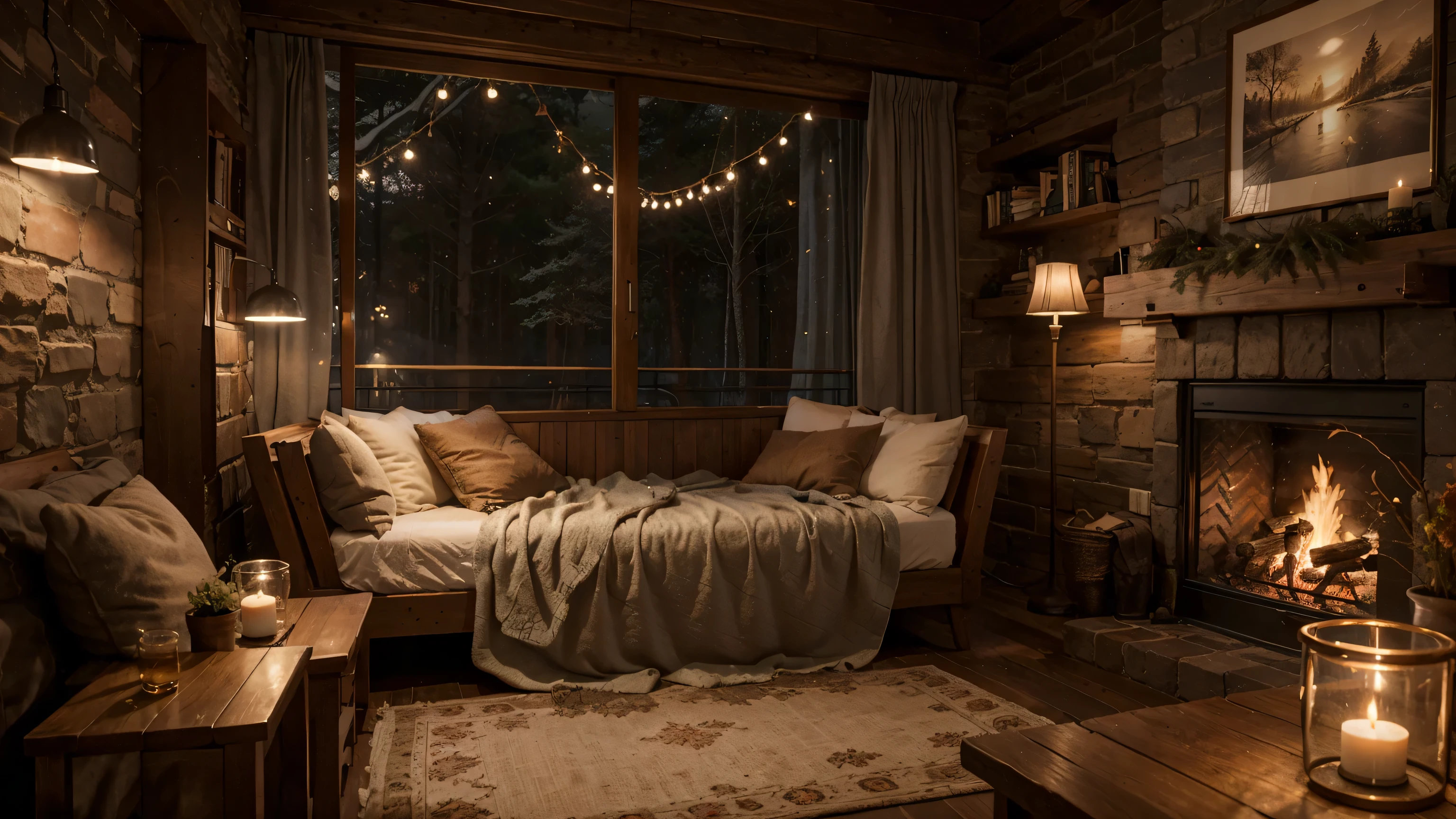 (balcony) outside coffee shop, winter mountain, one fireplace and bed, large forest outside, cozy place, books place, warm beautiful scene, cozy atmospheric, cozy environment, cozy setting, winter setting, cosy enchanted scene, very realistic, cozy atmosphere, cozy and peaceful atmosphere, cozy and calm, beautiful detailed scene, winter time, very very realistic, ✨🕌🌙, cozy wallpaper, unreal engine ; romantic theme