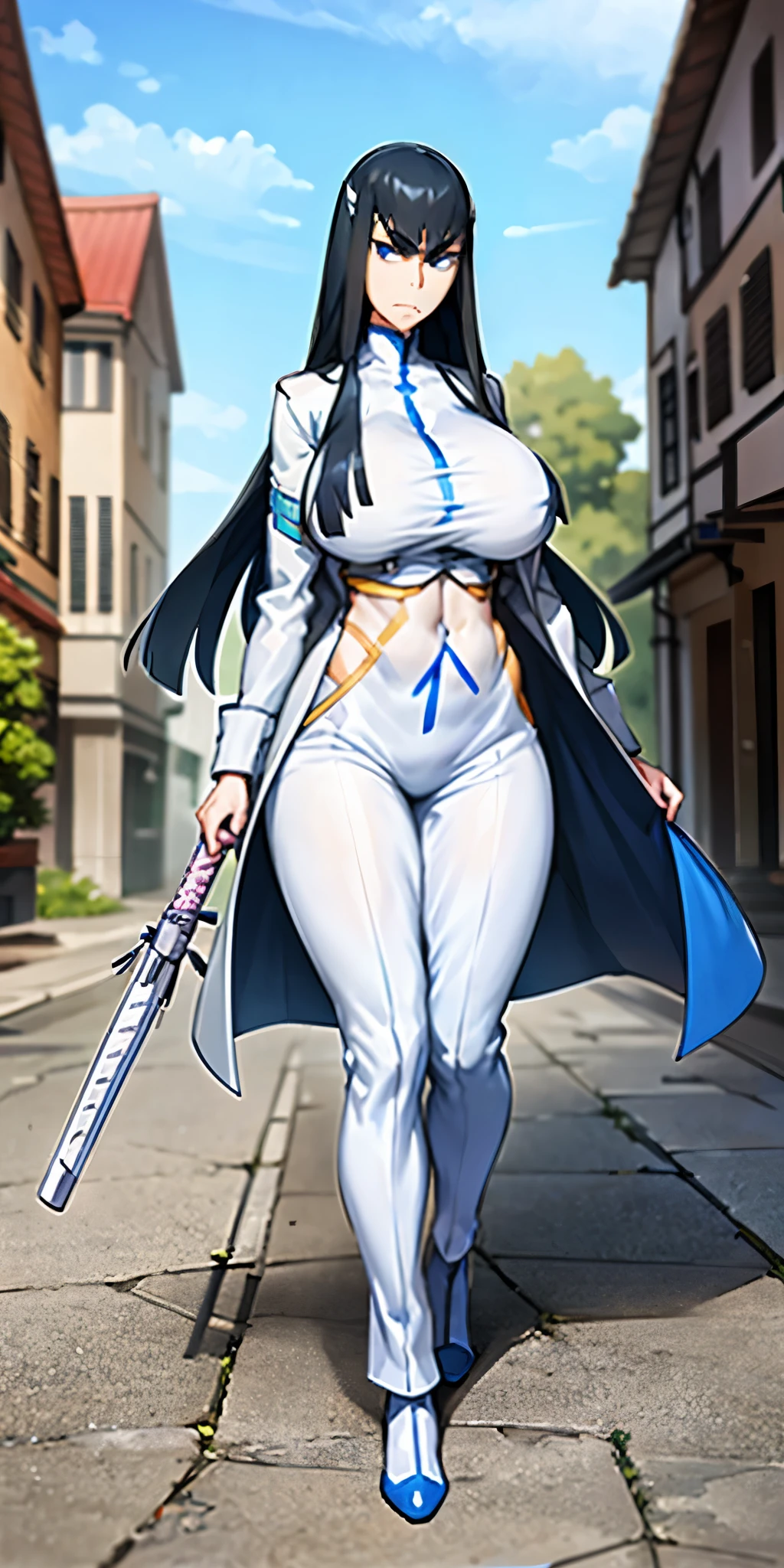 Satsuki Kiryuin, Satsuki Kiryuin from Kill-la-Kill, big breasts, voluminous breasts, curvy breasts, mesh stockings, standing with a katana, full height, bottom view, best quality, very detailed, ultra 8k resolution,huge breast, coat , vest, long skirt, portrait, full body, victorias clothing, long dress, knight, pants, black skinn suit, medieval city, plants, vest,polo shirt, forest, long skirt