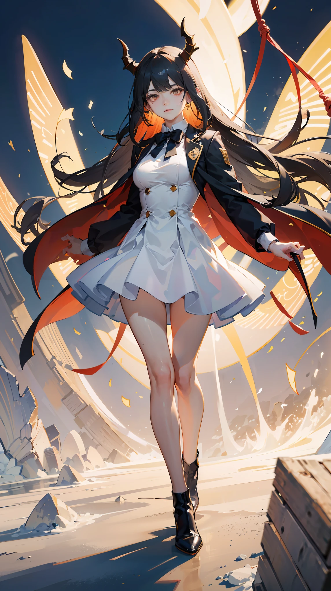 Seven Rhaeyar, Perfect female anatomy (1Adult Female:1.3, 166cm in height, pale, slim, slender, 34D breast size, Dark Orange Eyes with beautiful details, Long Straight Black Hair, Beauty Mark Mole on right cheek bone, a set of black horns on her head), Neutral facial expression, Elegant white dress with black bow tie, blue coat knee length, gold and rope accessories, holding a floating star in her hand, receiving light from the front, Ethereal glow