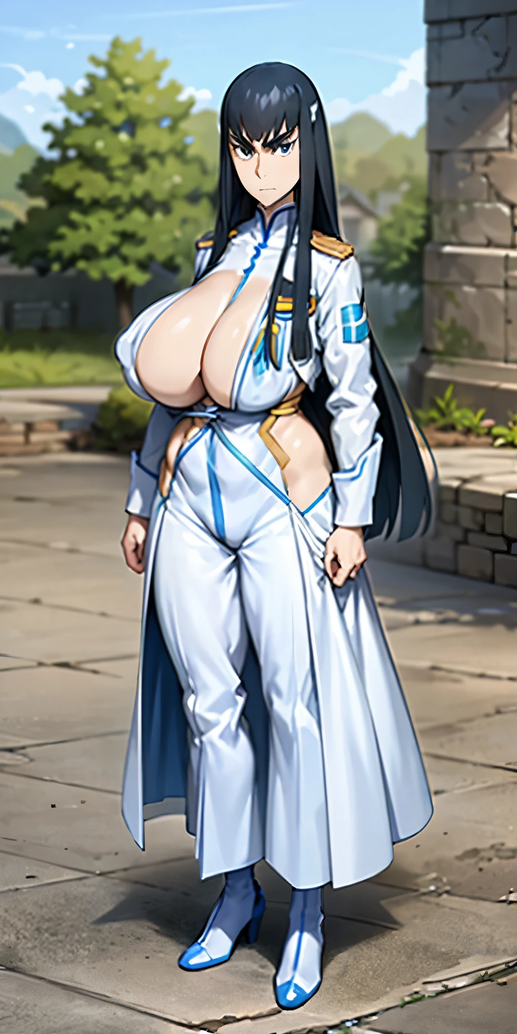 Satsuki Kiryuin, Satsuki Kiryuin from Kill-la-Kill, big breasts, voluminous breasts, curvy breasts, mesh stockings, standing with a katana, full height, bottom view, best quality, very detailed, ultra 8k resolution,huge breast, coat , vest, long skirt, portrait, full body, victorias clothing, long dress, knight, pants, black skinn suit, medieval city, plants, vest,polo shirt, forest, long skirt
