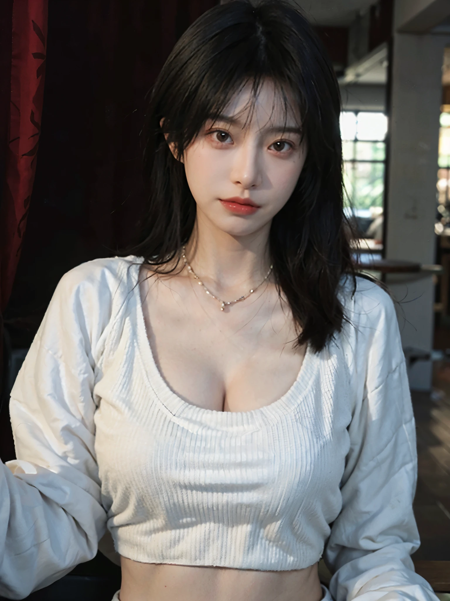 best quality， ultra high resolution， （realistically：1.4），Baoyu Girl，2 girls, Long curly hair，Looking into the distance，huge cleavage，Red cropped sweater，a sense of atmosphere，Beautiful woman with slim figure:1.4, abdominal muscles:1.4,,Super thin face，exquisite eyes，double eyelids，necklace