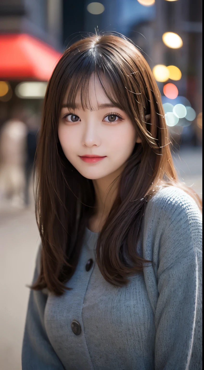 table top, highest quality, figure, super detailed, finely, High resolution, 8k wallpaper, 完璧なダイナミックな構figure, detailed and beautiful eyes, winter dress,medium hair, small breasts, natural color lip,smile,big city、20 year old girl、midnight、beautiful and detailed face、perfect and beautiful face、slim face and style,spread your arms wide,Big eyes,Take a photo from below the knees at a face angle,blur the background