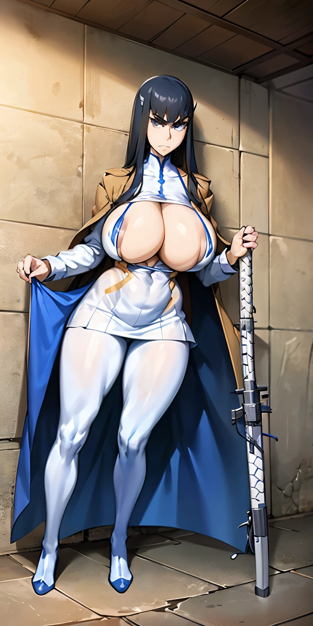 Satsuki Kiryuin, Satsuki Kiryuin from Kill-la-Kill, big breasts, voluminous breasts, curvy breasts, mesh stockings, standing with a katana, full height, bottom view, best quality, very detailed, ultra 8k resolution,huge breast, coat , vest, long skirt, portrait, full body, victorias clothing, long dress, knight, pants, black skinn suit, medieval city, plants, vest,polo shirt, forest, long skirt