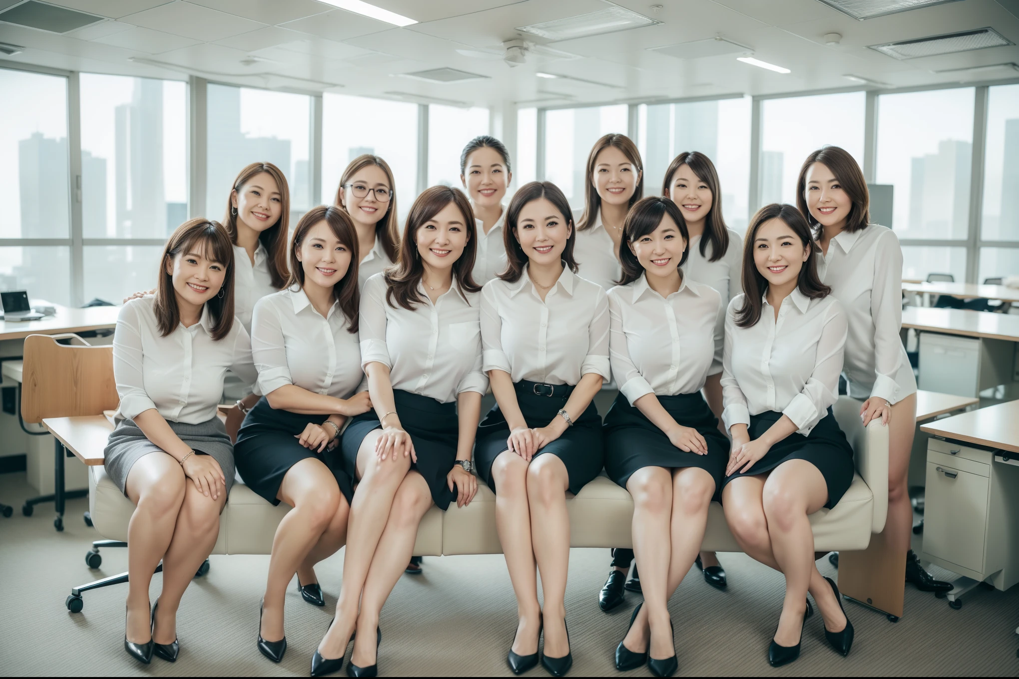 ((Best Quality, 8k, Masterpiecedetails, ultra-high resolution)), (group picture), (looking at the viewer), (fmiddle shot:), attractive business 5 milfs, 5 people, a bit chubby:0.25, white collared shirt, grey skirt, (sitting with cross legs on office desks)), smile, office of CEO,