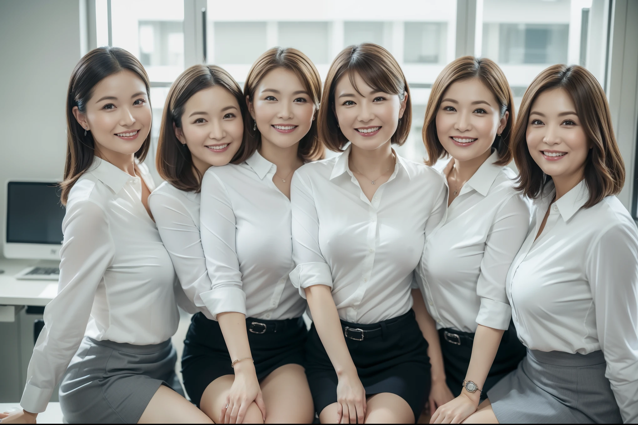 ((Best Quality, 8k, Masterpiecedetails, ultra-high resolution)), (group picture), (looking at the viewer), (fmiddle shot:), attractive business 5 milfs, 5 people, a bit chubby:0.25, white collared shirt, grey skirt, (sitting with cross legs on office desks)), smile, office of CEO,