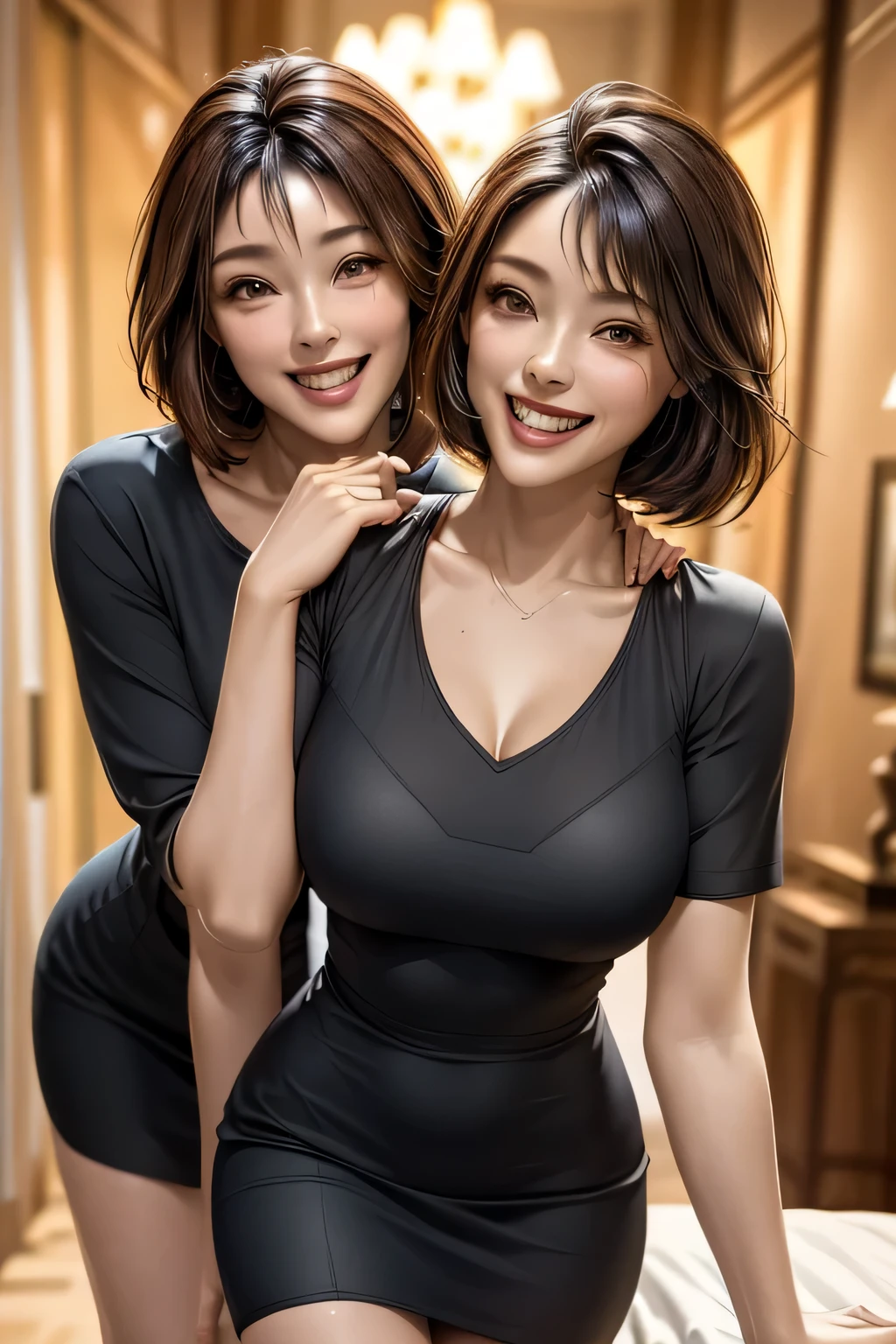 (1 Ultimate beauty), middle aged, highly detailed face, fine brown eyes, star-shaped pupil, double eyelid, eyelash, beautiful teeth, lip details, short black hair, (colorful casual dresses), grin and laugh, thighs, perfect lighting, (Photoreal:1.4), (Super detailed), (highest quality), (best shadow), (masterpiece), ultra high resolution, With background: (room at home)