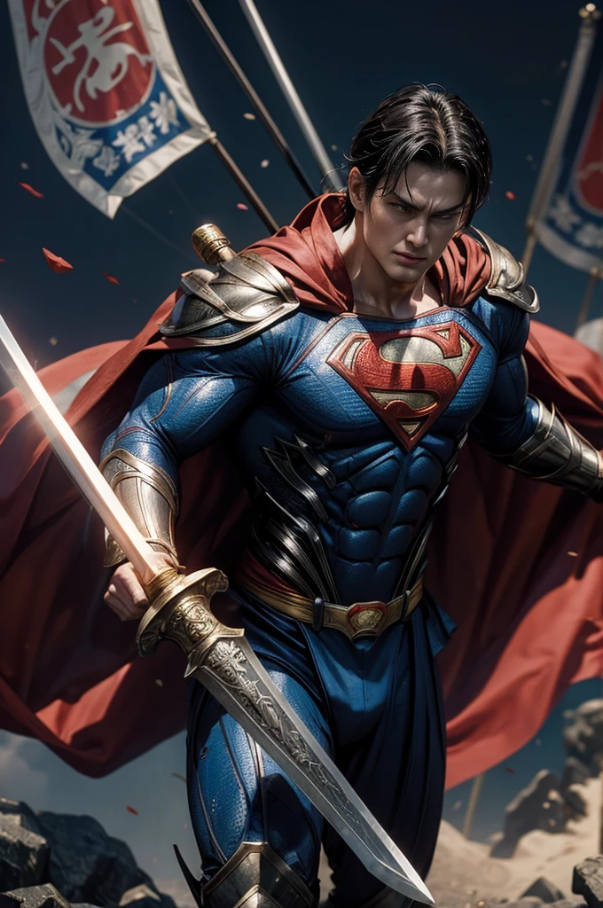 (best quality,4k,8k,highres,masterpiece:1.2),ultra-detailed,(realistic,photorealistic,photo-realistic:1.37),SuperMan in feudal Japan,traditional samurai armor,heraldry banner on back,fighting oni foes with sword and heat vision,ornate katana,flaming eyes,energetic fight scene,Japanese landscape,serene cherry blossom trees,ancient temple,moonlit night,deep shadows,cinematic lighting,crisp details,vivid colors,traditional Japanese architecture,historical setting,action-packed,Dynamic poses,expressive face,sharp focus,HDR,bokeh