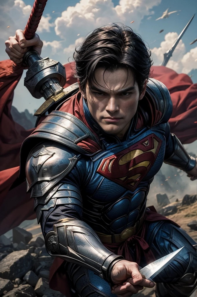 (best quality,4k,8k,highres,masterpiece:1.2),ultra-detailed,(realistic,photorealistic,photo-realistic:1.37),SuperMan in feudal Japan,traditional samurai armor,heraldry banner on back,fighting oni foes with sword and heat vision,ornate katana,flaming eyes,energetic fight scene,Japanese landscape,serene cherry blossom trees,ancient temple,moonlit night,deep shadows,cinematic lighting,crisp details,vivid colors,traditional Japanese architecture,historical setting,action-packed,Dynamic poses,expressive face,sharp focus,HDR,bokeh