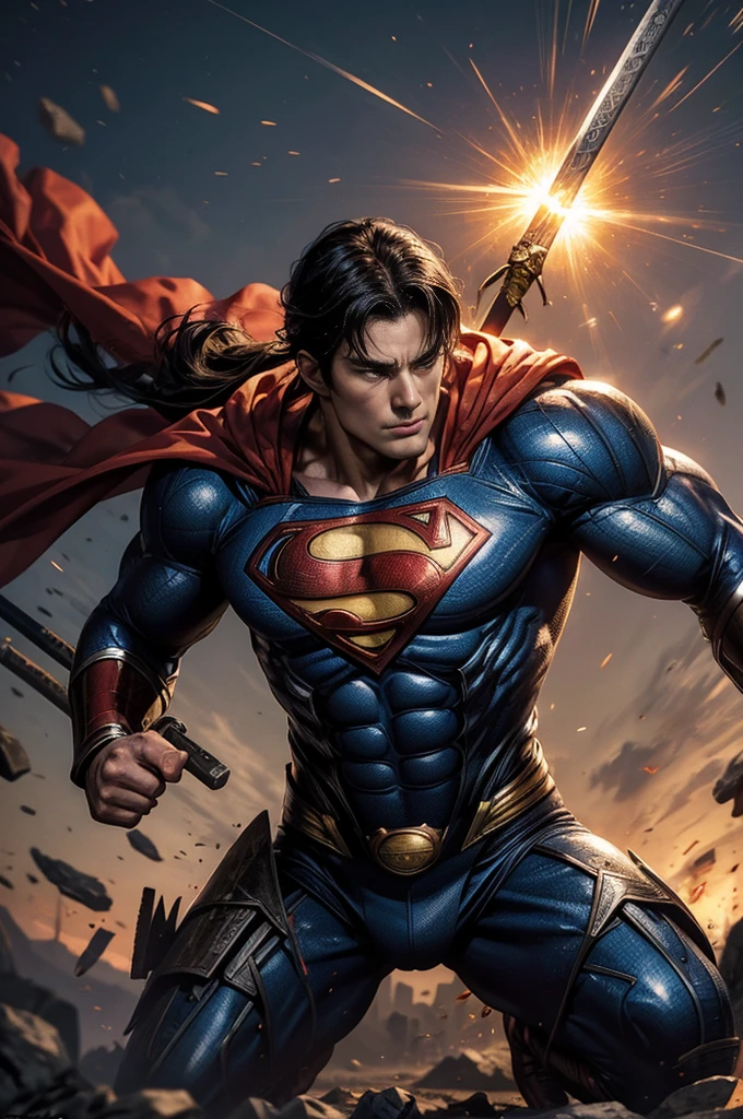 SuperMan is in feudal Japan, he is armored like a traditional samurai, He has a heraldry banner on his back, he is defeating oni foes using sword and heat vision