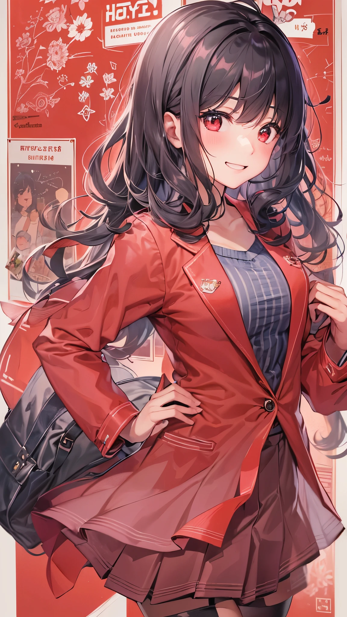 perfect anatomy, masterpiece:1.2, best quality, 8k, beautiful detailed grow, daydreaming expression, break, ((posted on the bulletin board a flyer)), break, profile (solo curly black hair long hair cute girl, 14 yo, closed red eyes, happy smile, in a school red blazer, long skirt), ((hand holding fluer gripping in hands)), in the school classroom.