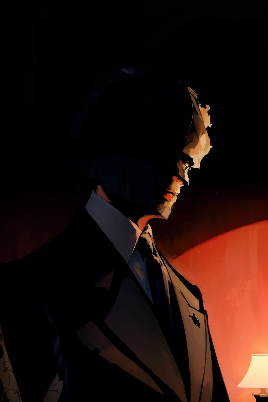 1man, masterpiece,strange head, shadow, (face silhouette), (head hidden by shadow), dark room, dark, formal clothes,elegant suit, vibrant shirt, high details, gorgeous, 4k,, no humans, cinematic, dramatic,contrast, floral background, sinister smile,