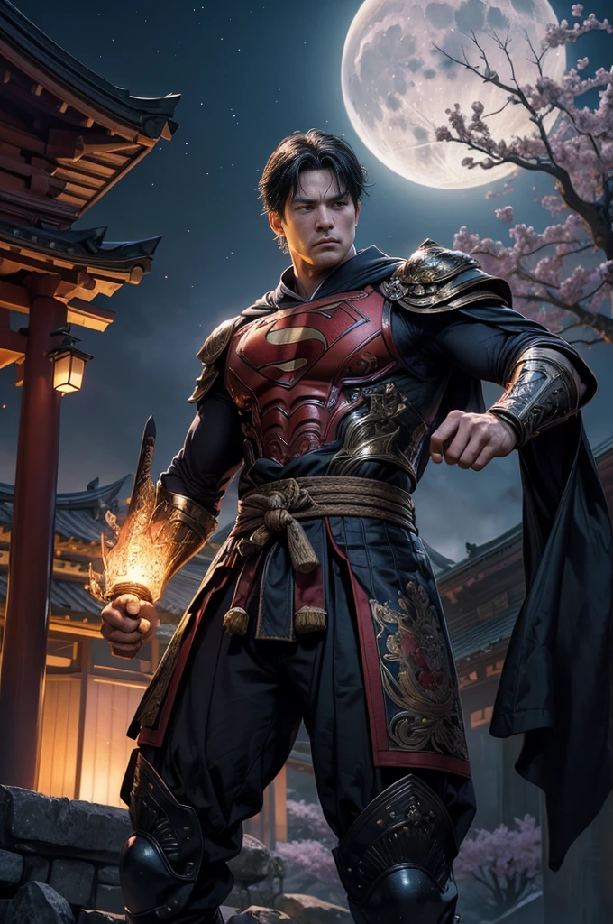 (best quality,4k,8k,highres,masterpiece:1.2),ultra-detailed,(realistic,photorealistic,photo-realistic:1.37),SuperMan in feudal Japan,traditional samurai armor,heraldry banner on back,fighting oni foes with sword and heat vision,ornate katana,flaming eyes,energetic fight scene,Japanese landscape,serene cherry blossom trees,ancient temple,moonlit night,deep shadows,cinematic lighting,crisp details,vivid colors,traditional Japanese architecture,historical setting,action-packed,Dynamic poses,expressive face,sharp focus,HDR,bokeh