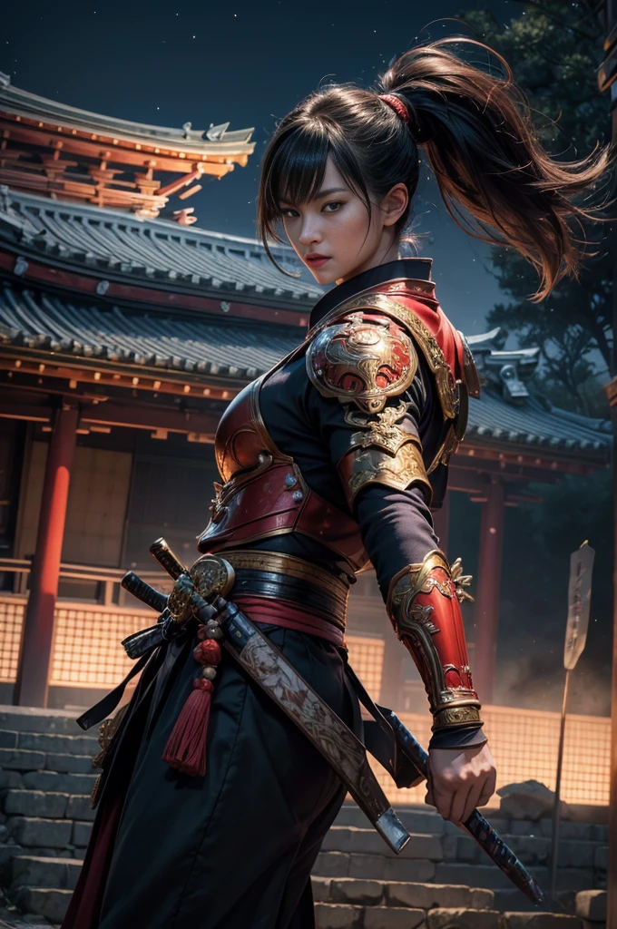 (best quality,4k,8k,highres,masterpiece:1.2),ultra-detailed,(realistic,photorealistic,photo-realistic:1.37),SuperMan in feudal Japan,traditional samurai armor,heraldry banner on back,fighting oni foes with sword and heat vision,ornate katana,flaming eyes,energetic fight scene,Japanese landscape,serene cherry blossom trees,ancient temple,moonlit night,deep shadows,cinematic lighting,crisp details,vivid colors,traditional Japanese architecture,historical setting,action-packed,Dynamic poses,expressive face,sharp focus,HDR,bokeh