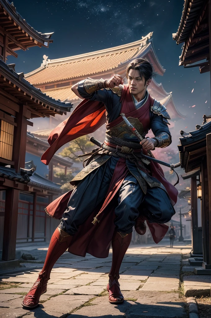 (best quality,4k,8k,highres,masterpiece:1.2),ultra-detailed,(realistic,photorealistic,photo-realistic:1.37),SuperMan in feudal Japan,traditional samurai armor,heraldry banner on back,fighting oni foes with sword and heat vision,ornate katana,flaming eyes,energetic fight scene,Japanese landscape,serene cherry blossom trees,ancient temple,moonlit night,deep shadows,cinematic lighting,crisp details,vivid colors,traditional Japanese architecture,historical setting,action-packed,Dynamic poses,expressive face,sharp focus,HDR,bokeh