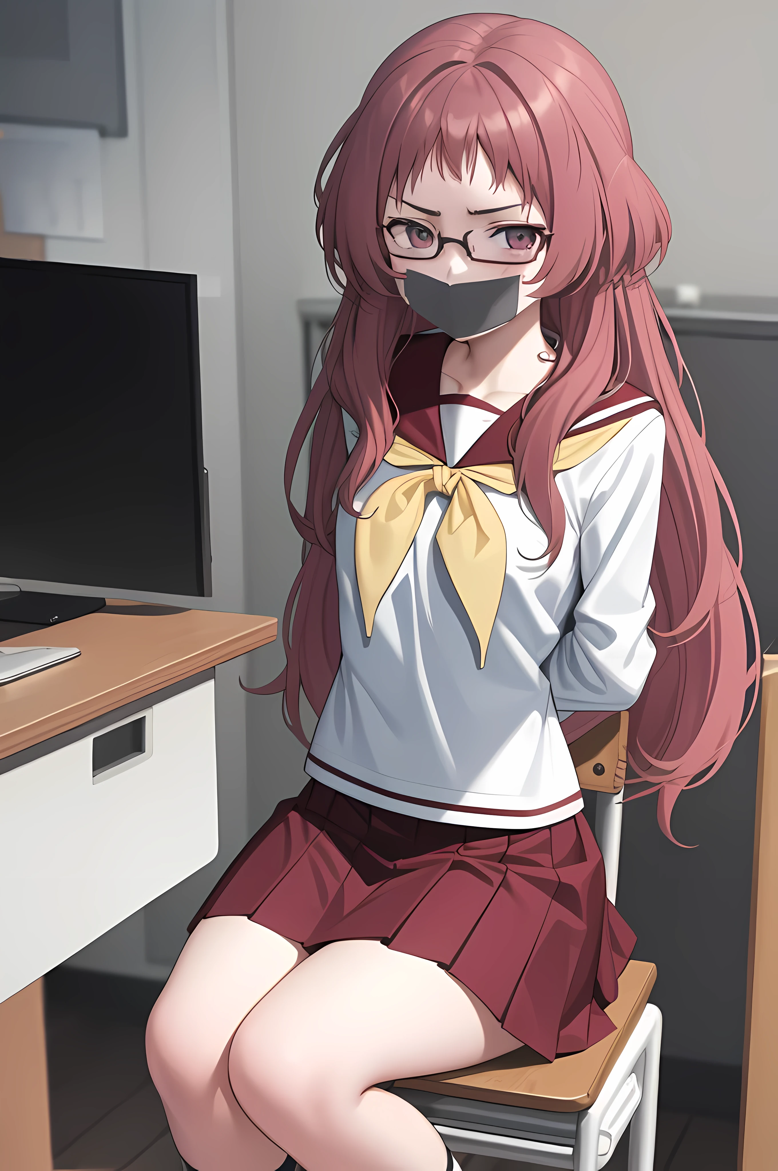 1girl, (masterpiece:1.3), (high resolution), (8K), (extremely detailed), (4k), (pixiv), perfect face, nice eyes and face, (best quality), (super detailed), detailed face and eyes, (solo), textured skin, absurdres, highres, miewz, glasses, long hair, serafuku, sailor collar, yellow neckerchief, white shirt, purple eyes, school uniform, red skirt, red hair,  long sleeves, sitting, looking at viewer, indoors, classroom, chair, tied to a chair, , tied hands, tied ankles, tape on the mouth, tape gag, 