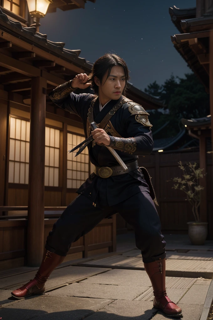 (best quality,4k,8k,highres,masterpiece:1.2),ultra-detailed,(realistic,photorealistic,photo-realistic:1.37),SuperMan in feudal Japan,traditional samurai armor,heraldry banner on back,fighting oni foes with sword and heat vision,ornate katana,flaming eyes,energetic fight scene,Japanese landscape,serene cherry blossom trees,ancient temple,moonlit night,deep shadows,cinematic lighting,crisp details,vivid colors,traditional Japanese architecture,historical setting,action-packed,Dynamic poses,expressive face,sharp focus,HDR,bokeh