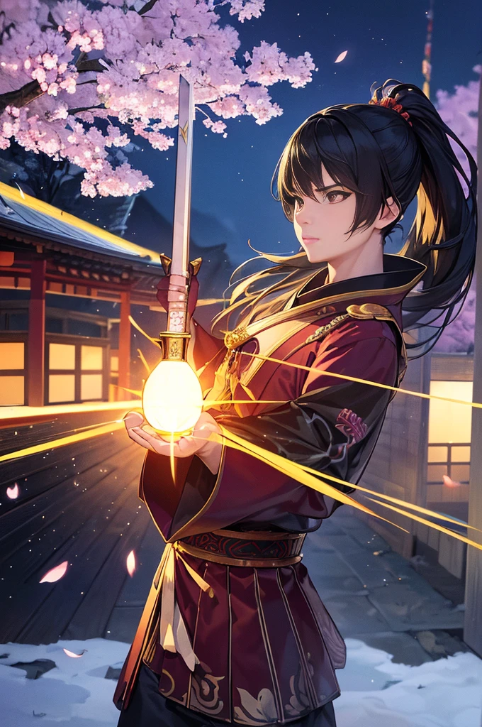 (best quality,4k,8k,highres,masterpiece:1.2),ultra-detailed,(realistic,photorealistic,photo-realistic:1.37),SuperMan in feudal Japan,traditional samurai armor,heraldry banner on back,fighting oni foes with sword and heat vision,ornate katana,flaming eyes,energetic fight scene,Japanese landscape,serene cherry blossom trees,ancient temple,moonlit night,deep shadows,cinematic lighting,crisp details,vivid colors,traditional Japanese architecture,historical setting,action-packed,Dynamic poses,expressive face,sharp focus,HDR,bokeh