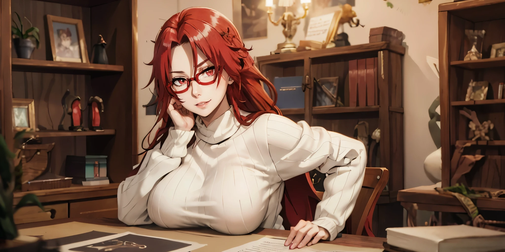 iris, red hair, long hair, braid, red eyes, anatomically correct, best quality, masterpiece, high quality, high details, highres, HD, (shaded face:1.2), hollow eyes, blue eyes, looking at viewer, seductive smile, glasses, lips, scrunchie, huge breasts, solo, blurry, 1girl, depth_of_field, earrings, blurry_background, breasts, jewelry, bookshelf, red_eyes, indoors, table, sweater, solo, large_breasts, looking_at_viewer, blurry_foreground, long_sleeves, closed_mouth, bangs, blush, pantyhose, hand_on_own_cheek, sidelocks, breast_rest, ribbed_sweater
