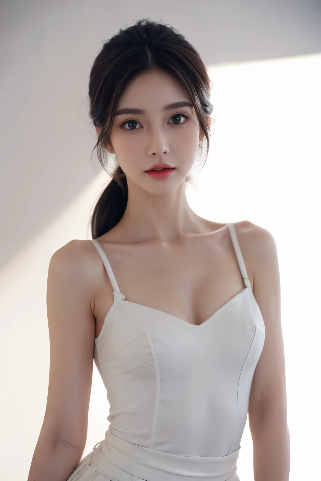 a woman, beautiful, amazing face and eyes, cosmetic, red glossy lips,,(Extremely detailed beautiful face),(best quality), (Super detailed), (Extremely detailed CG unified 8k wallpaper),original photo, Professional photography, (standing), (white background),(black hair),(big eyes),(Soft light source),(A little cleavage),(Low-cut dress),small breasts,(Photos from the waist up),shorts