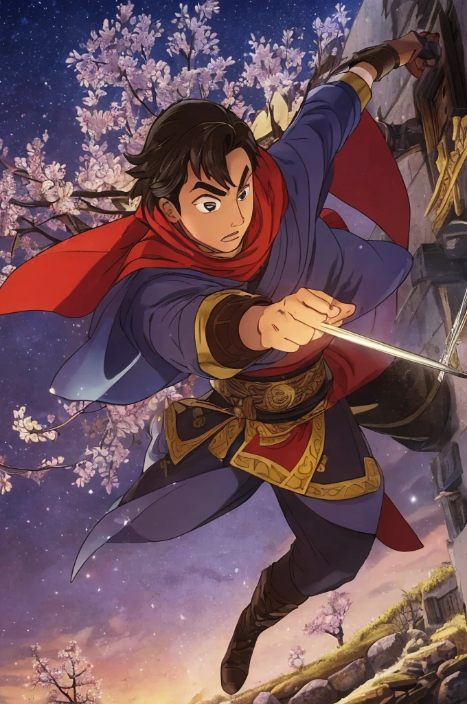 (best quality,4k,8k,highres,masterpiece:1.2),ultra-detailed,(realistic,photorealistic,photo-realistic:1.37),SuperMan in feudal Japan,traditional samurai armor,heraldry banner on back,fighting oni foes with sword and heat vision,ornate katana,flaming eyes,energetic fight scene,Japanese landscape,serene cherry blossom trees,ancient temple,moonlit night,deep shadows,cinematic lighting,crisp details,vivid colors,traditional Japanese architecture,historical setting,action-packed,Dynamic poses,expressive face,sharp focus,HDR,bokeh