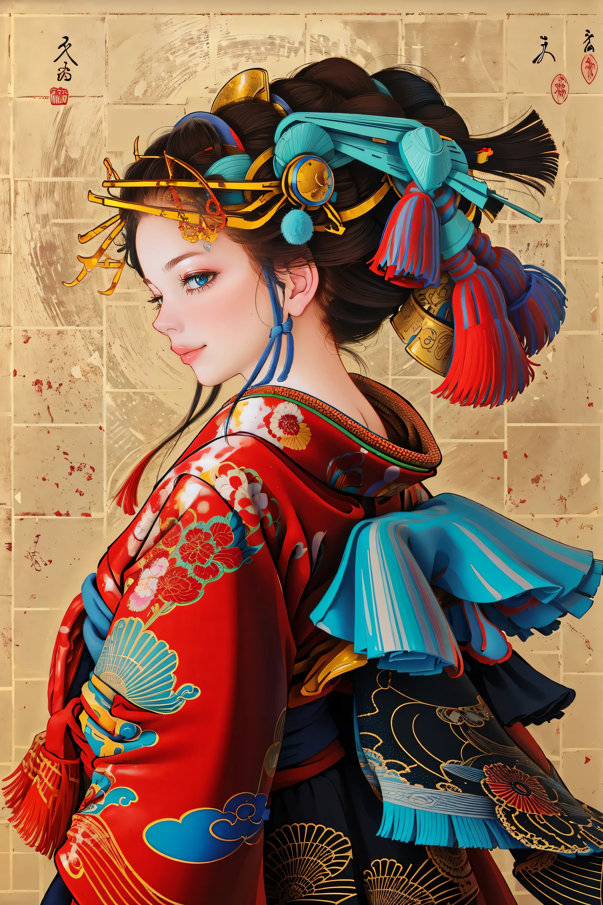 NSFW,
1 girl, alone, looking at the audience, Smile, blue eyes, black hair, hair accessories, Upper body, kimono, kimono, from the side, lips, compensate, tassel, rope, eye shadow, red kimono, Zhiliansheng, hairpin,