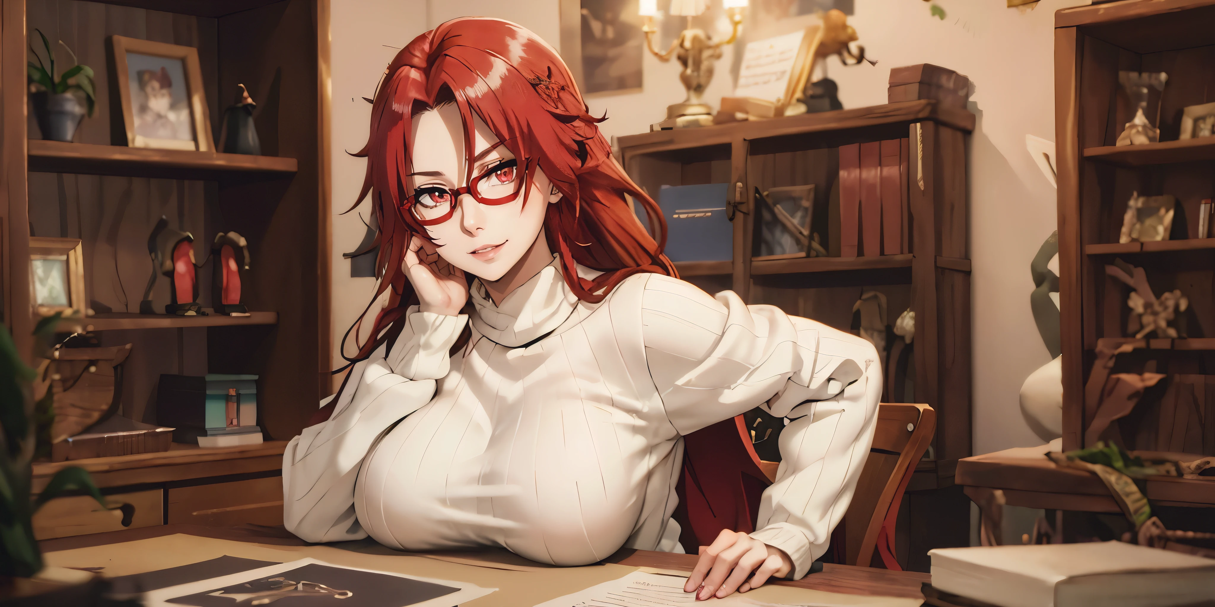 iris, red hair, long hair, braid, red eyes, anatomically correct, best quality, masterpiece, high quality, high details, highres, HD, (shaded face:1.2), hollow eyes, blue eyes, looking at viewer, seductive smile, glasses, lips, scrunchie, huge breasts, solo, blurry, 1girl, depth_of_field, earrings, blurry_background, breasts, jewelry, bookshelf, red_eyes, indoors, table, sweater, solo, large_breasts, looking_at_viewer, blurry_foreground, long_sleeves, closed_mouth, bangs, blush, pantyhose, hand_on_own_cheek, sidelocks, breast_rest, ribbed_sweater
