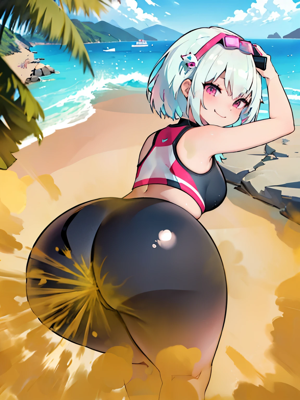 selfie, Cute Hong Kong girl taking pictures with GoPro camera, In a sexy swimsuit on the beach, Wet, smile, sharp face, soft lighting, fisheye lens, solar flare, skunk girl,big ass，turn your butt towards me