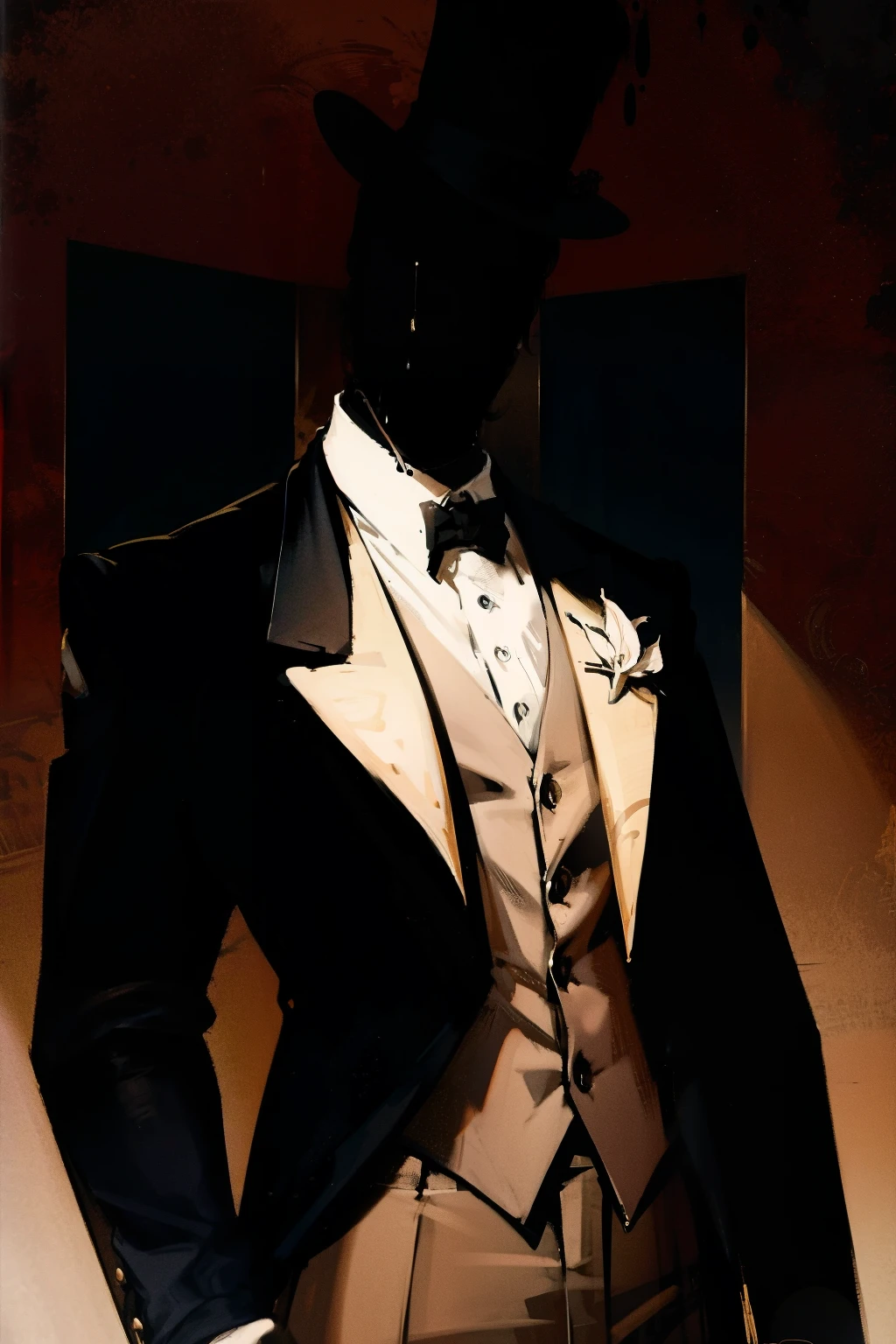 1man, masterpiece,strange head, shadow, (face silhouette), (head hidden by shadow), dark room, dark, formal clothes,elegant suit, vibrant shirt, high details, gorgeous, 4k,, no humans, cinematic, dramatic,contrast, floral background, sinister smile,