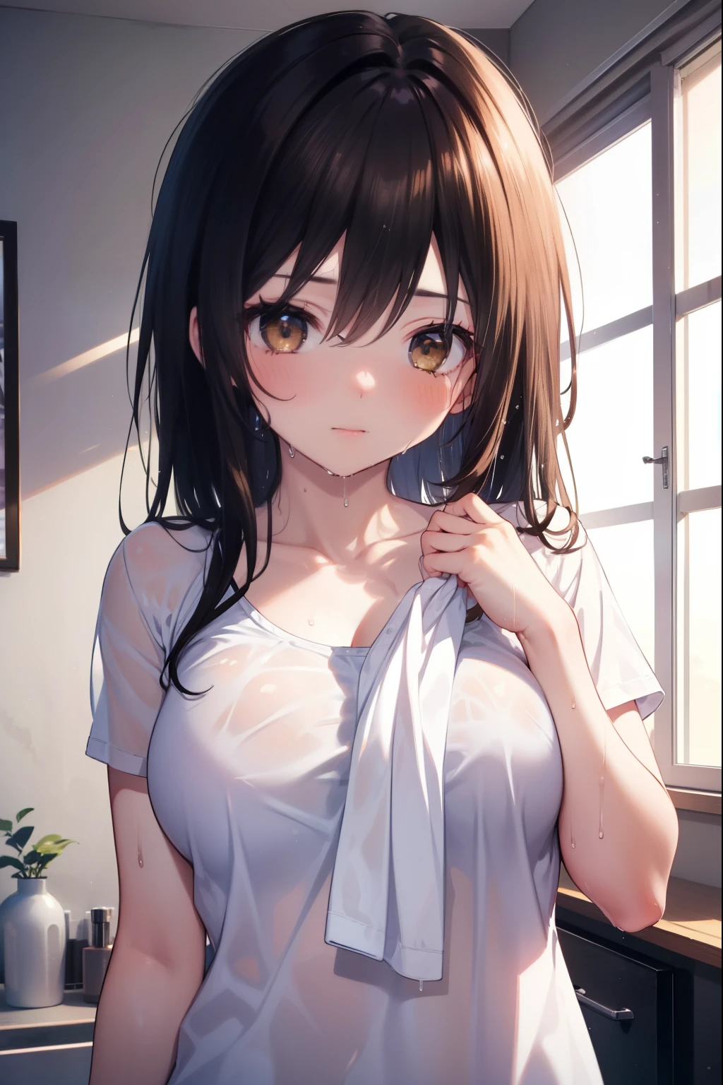 kotegawayui, Yui Kotegawa, black hair, (brown eyes:1.5), long hair,wet hair , shave your eyes,wet clothes,Big Y-shirt,black string underwear,Wiping hair with a towel,wet skin,window rain,cloudy sky,blush,embarrassing,
break indoors, Bedroom,
break (masterpiece:1.2), highest quality, High resolution, unity 8k wallpaper, (figure:0.8), (detailed and beautiful eyes:1.6), highly detailed face, perfect lighting, Very detailed CG, (perfect hands, perfect anatomy),