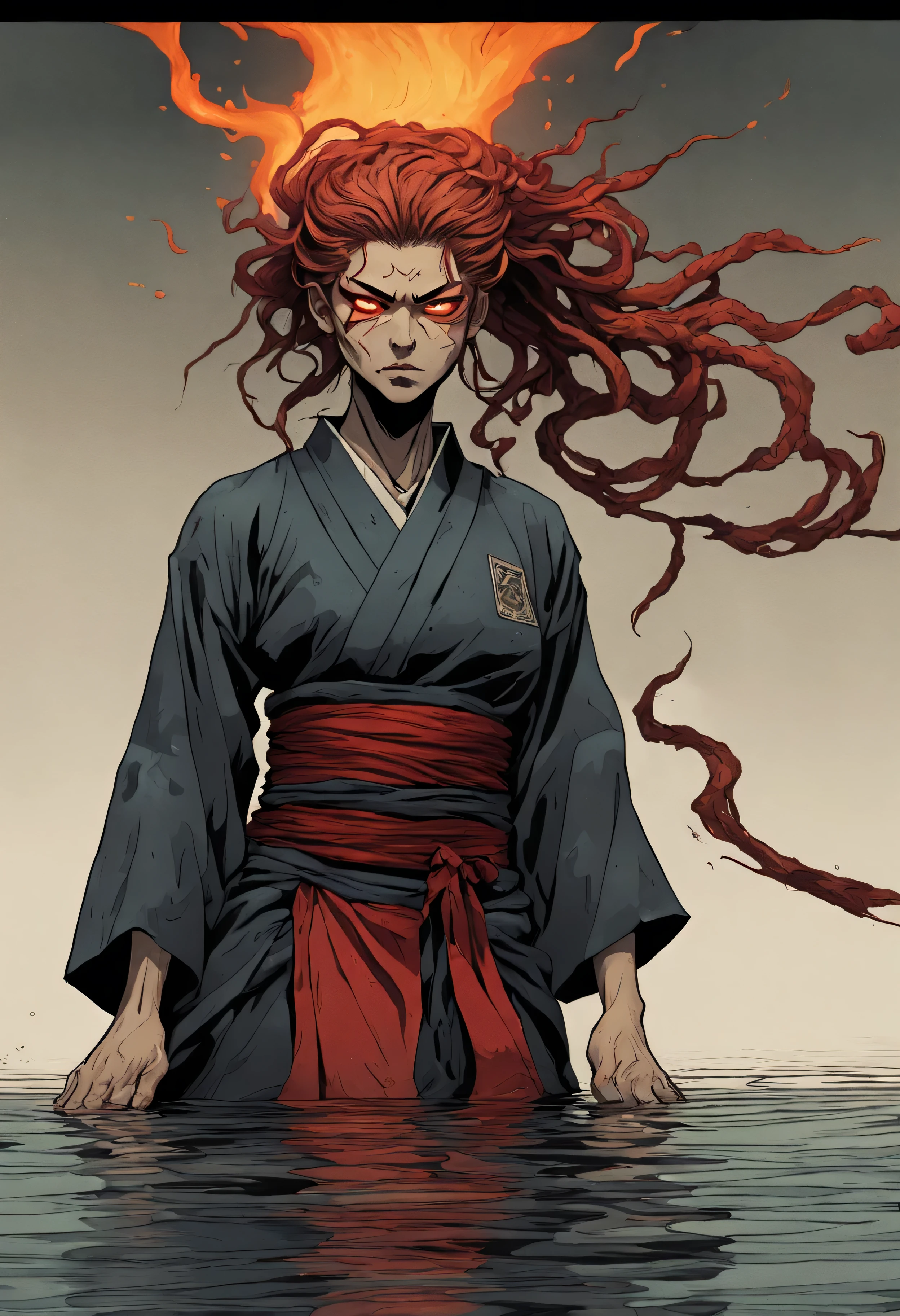 wordless, rotoscope hyperrealism animated cel hand painted rich color grading depth shading, splash page decompressed comic, ilustration, on fire red hot Samurai (grasping wielding chisa katana) (Takashi Okazaki blended Gonzo kk art style), samurai screaming, furious, glowing on fire blank eyes, fire emiting from eyes open mouth, sitting on edge of bridge, gloom, despair, rain, downpour, looking at water ripples from rain on water flowing below bridge, mastercraft nuance, subtle deft detail, seamless, cohesion, spirit photography, cursed, creepypasta, surreal, abstract, unknown, strange, odd, weird, intense, harsh, too real, subliminal candle cove aesthetics, unsettling, overwhelming dread, phobia, severe, subtle minimal roygbiv technicolor in the water reflection ripples shimmering like golden ratio ambrosia