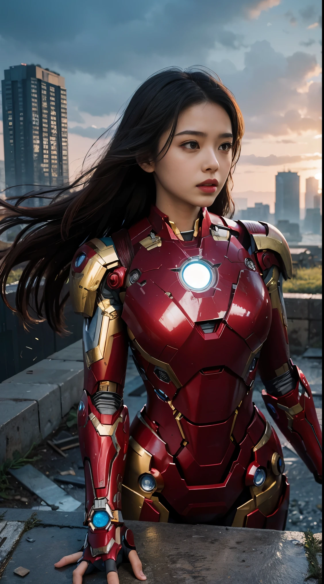 Masterpiece, best quality, female head, female version of Iron Man's body, background city ruins, sky background, battle damage
