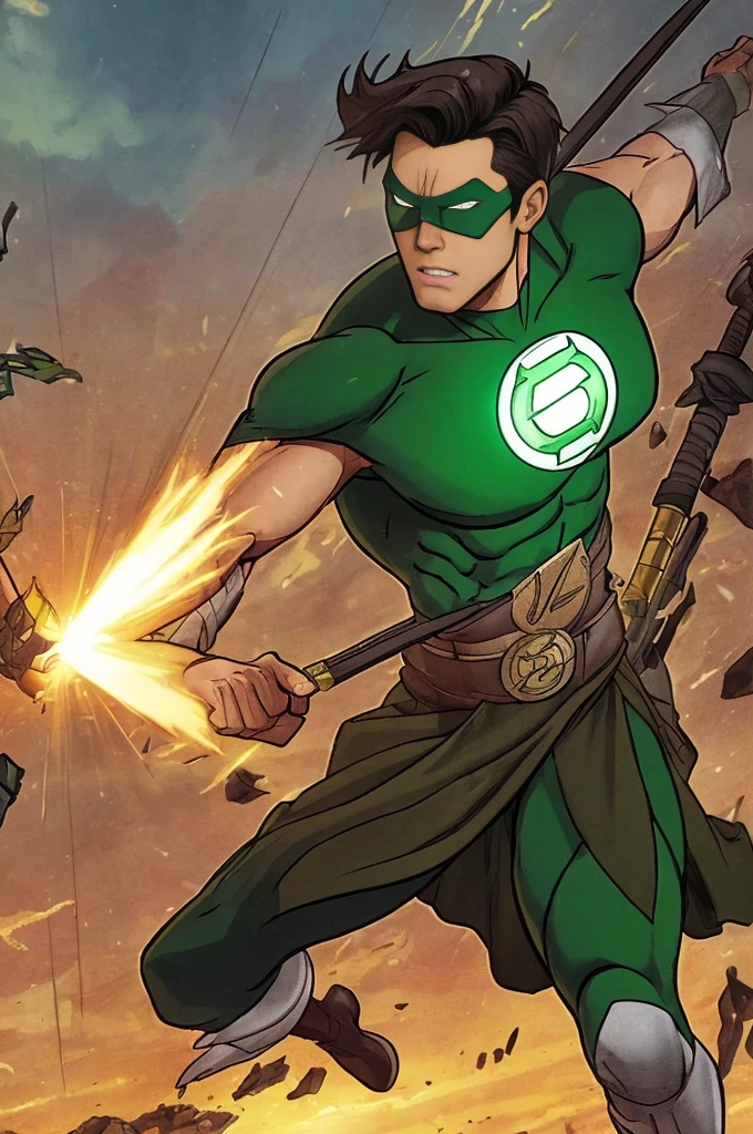 (a detailed scene,highres,realistic),Green Lantern as a traditional samurai, Heraldry banner on his back, Defeating oni foes, Sword and powers, Feudal Japan backdrop, Classic samurai armor, Dramatic lighting, Vibrant colors.