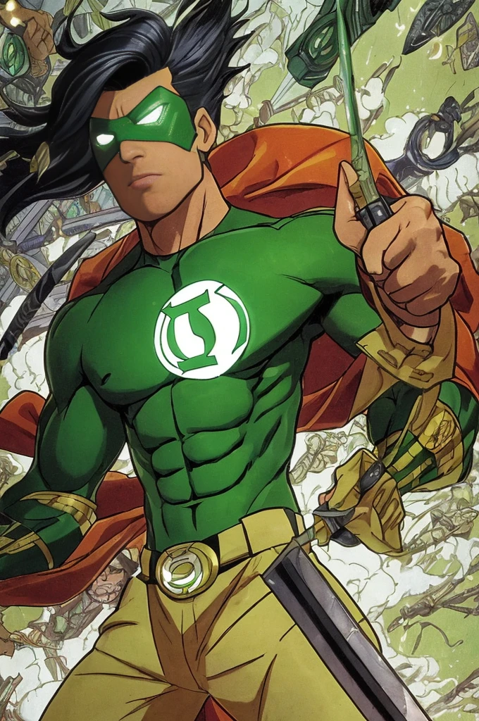 (a detailed scene,highres,realistic),Green Lantern as a traditional samurai, Heraldry banner on his back, Defeating oni foes, Sword and powers, Feudal Japan backdrop, Classic samurai armor, Dramatic lighting, Vibrant colors.