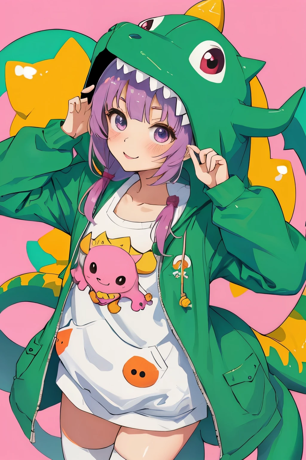 anime、A cute  poses wearing a deformed dinosaur costume、Mai Yoneyama&#39;s style