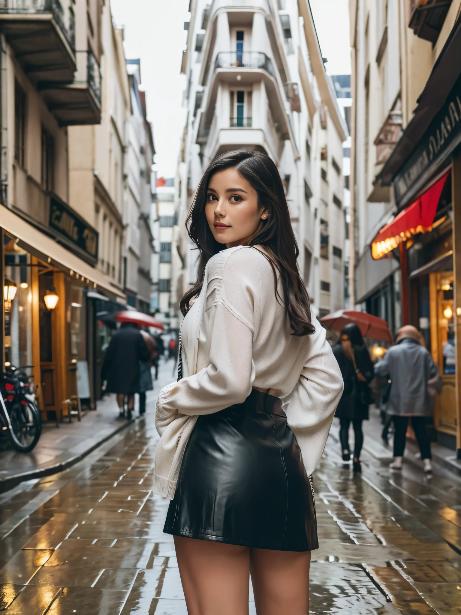 (8k, highest quality, ultra detailed), 1girl, 25-years old, pretty tall asian girl, long black hair, wavy hair, athletic figure, (tits:1.2), (booty:1.2), leather very short mini skirt, visible ass, biege cardigan, deep neckline, French beret, girl with an umbrella walks along the street, France, a narrow Parisian street in rainy weather, Wet asphalt reflecting lanterns and cafes, ancient buildings with exquisite architecture, flower pots and picturesque windows, creating atmospheric and romantic shots that emphasize the beauty of Paris in unusual weather
