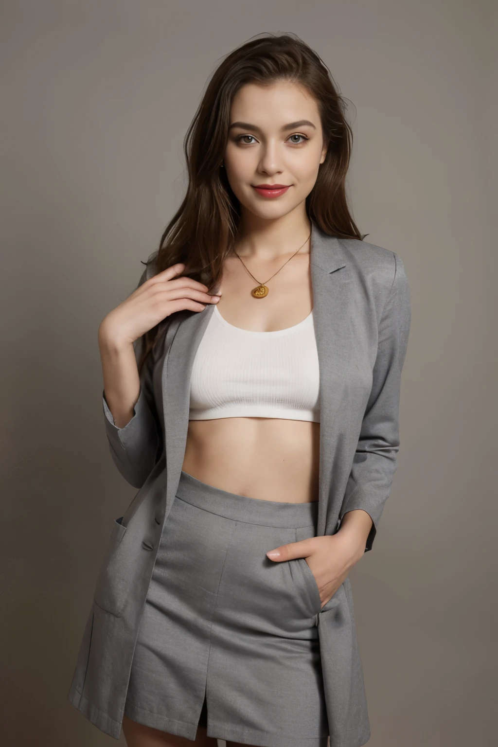 ((melhor qualidade)), ((obra de arte)), (detalhado), rosto perfeito,render,perfect makeup,egyptian eye liner,vivid red lipstick,red dust on cheeks,gold powder above eyes,shiny hair,perfect hair,red hair,big smile,extremely happy,necklace,consultory,doctor clothes,female suit,gray suit,gray coat,closed coat,long gray skirt,stetoscope,light gray background,fullbody view,intelligent pose,business woman,marketing purpose
