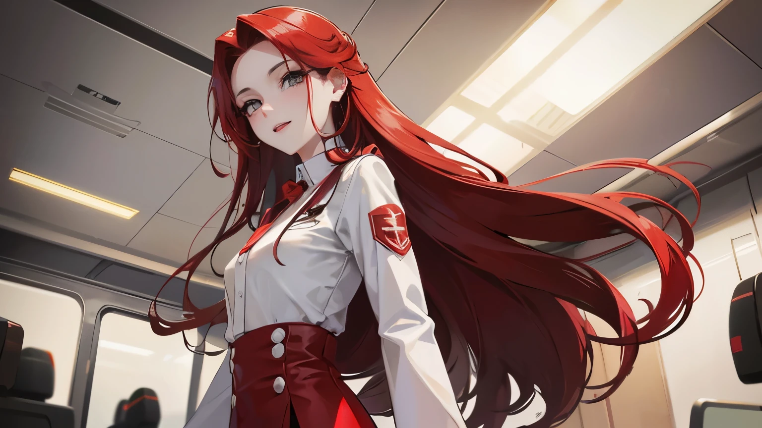 red long hair, sunshine, masterpiece work, best quality, high resolution;,Improved detail，best quality，Perfect image quality，beautiful and sexy, first person view, small spots under the eyes , pretty, 큰 chest, 8K, ,chest 크게, pure white skin, chest, a lovely smile, Beloved, excitement, beautiful, gray eyes, My heart is pounding,  red hair, glamour, tempting, , airplane, Stewardess, airplane안에서, neat, Josinhan, Air hostess, fascinating