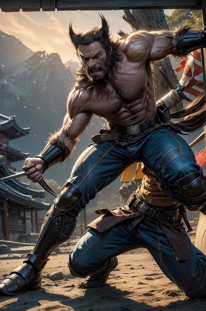 (best quality,4k,8k,highres,masterpiece:1.2),ultra-detailed,(realistic,photorealistic,photo-realistic:1.37),Wolverine in feudal Japan,armored like a traditional samurai,Wolverine with detailed eyes and face,Wolverine with retractable claws,Wolverine with longeyelashes,Wolverine with intense expression,Wolverine with determined look,Japanese landscape,illuminated by the setting sun,Wolverine holding a sword,Wolverine with sharp focus,Wolverine in a dynamic pose,Wolverine with intense battle scene,Wolverine fighting oni foes,Wolverine striking a powerful stance,Wolverine with a ferocious attack,Wolverine with a samurai helmet,Wolverine with a samurai mask,traditional Japanese architecture in the background,Wolverine with a heraldry banner on his back,beautifully decorated with intricate patterns,Wolverine surrounded by cherry blossom trees,vivid colors,adding depth and dimension to the scene,bokeh effect,enhancing the atmosphere,light and shadows on Wolverine's armor,creating a sense of realism,Japanese calligraphy on the banner,adding cultural elements,creating a sense of authenticity,traditional Japanese armor details on Wolverine's attire,creating a visual contrast between the modern and traditional,subtle textures on Wolverine's skin and armor,emphasizing the fine details of the artwork,subtle reflections on Wolverine's armor,adding a touch of realism,impressive sense of scale and power,imposing presence of Wolverine,creating a captivating and immersive experience.