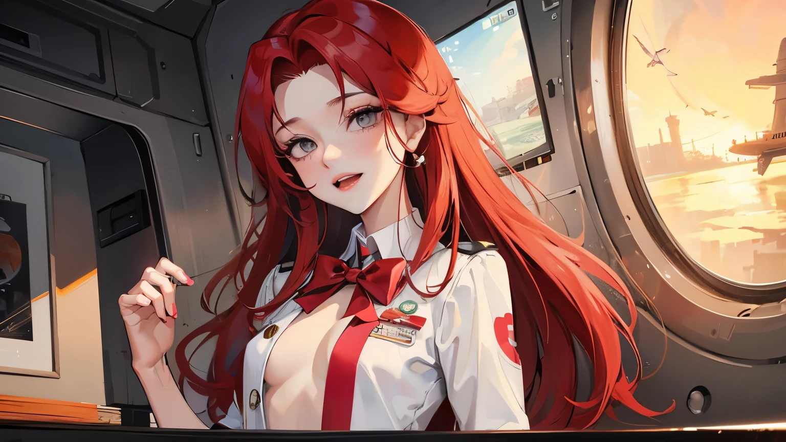 red long hair, sunshine, masterpiece work, best quality, high resolution;,Improved detail,best quality,Perfect image quality,beautiful and sexy, first person view, small spots under the eyes , pretty, 큰 chest, 8K, ,chest 크게, pure white skin, chest, a lovely smile, Beloved, excitement, beautiful, gray eyes, My heart is pounding, red hair, glamour, tempting, , airplane, Stewardess, airplane안에서, neat, Josinhan, Air hostess
