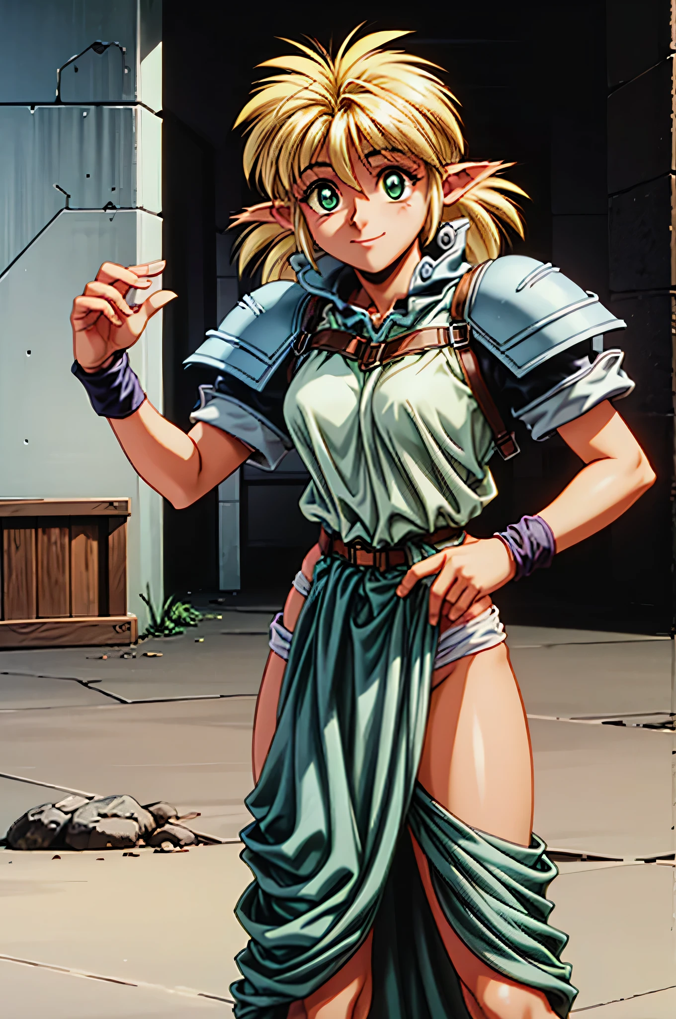 refam, fam, blonde hair, (green eyes:1.5), pointy ears, dark skin, dark-skinned female, elf, long pointy ears, (retro artstyle:1.5), (1990s \(style\):1.5), BREAK tail, short sleeves, wristband, pelvic curtain, BREAK looking at viewer, BREAK outdoors, BREAK (masterpiece:1.2), best quality, high resolution, unity 8k wallpaper, (illustration:0.8), (beautiful detailed eyes:1.6), extremely detailed face, perfect lighting, extremely detailed CG, (perfect hands, perfect anatomy),
